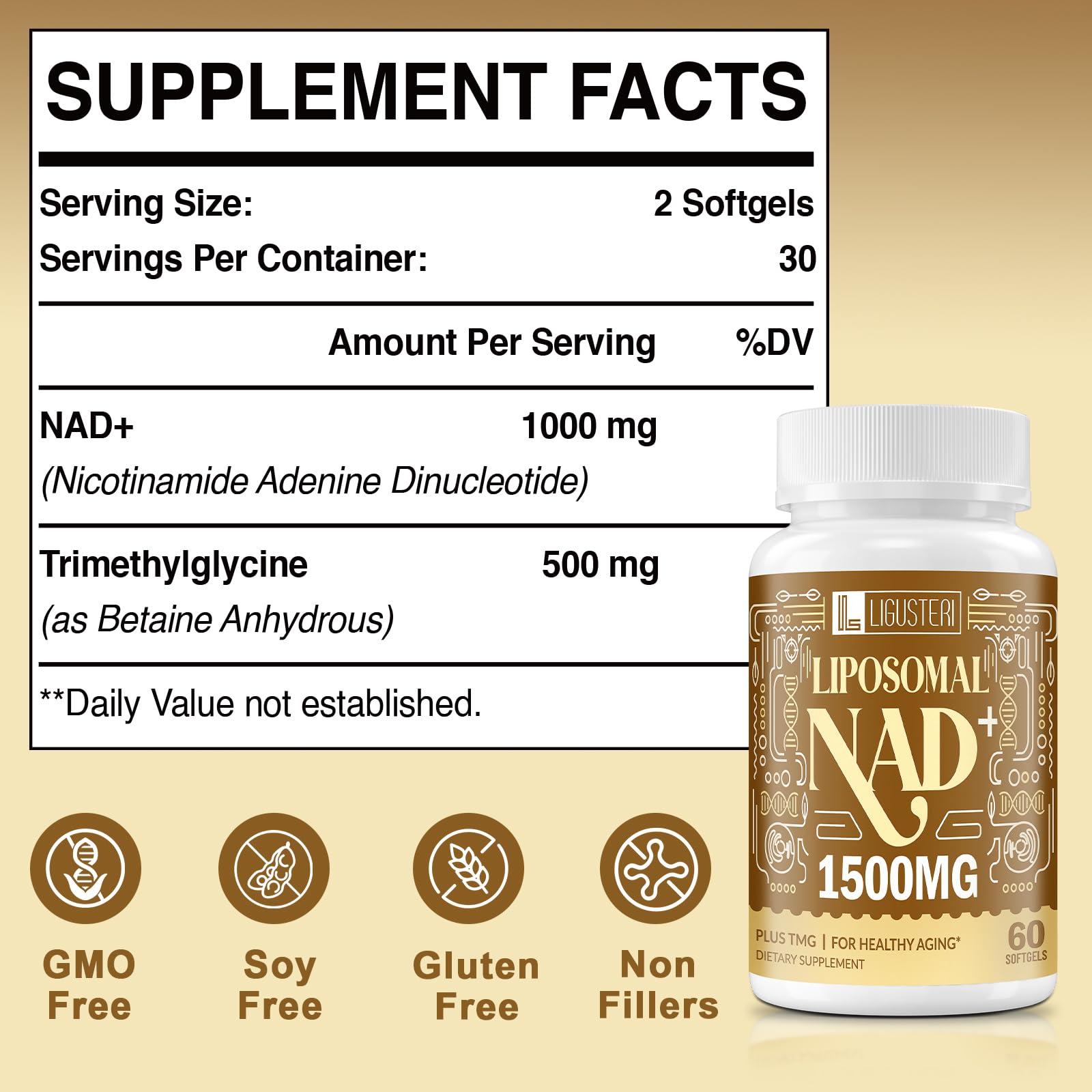 Packshot showing LIGUSTERI NAD+ supplement bottle (60 softgels)
