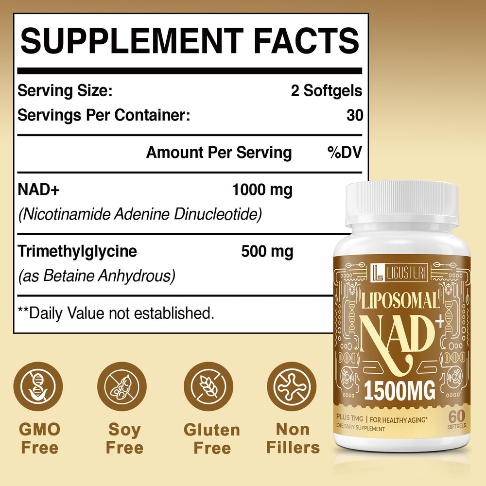 Packshot showing LIGUSTERI NAD+ supplement bottle (60 softgels)