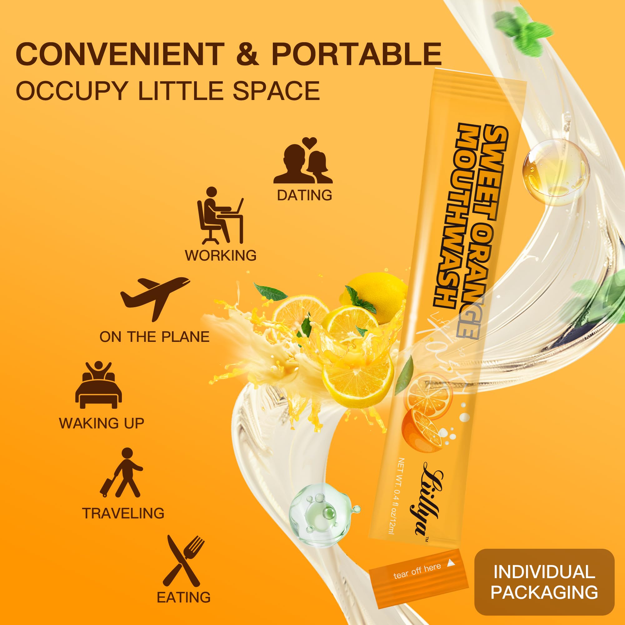 Travel-friendly mouthwash sachets in a carry-on