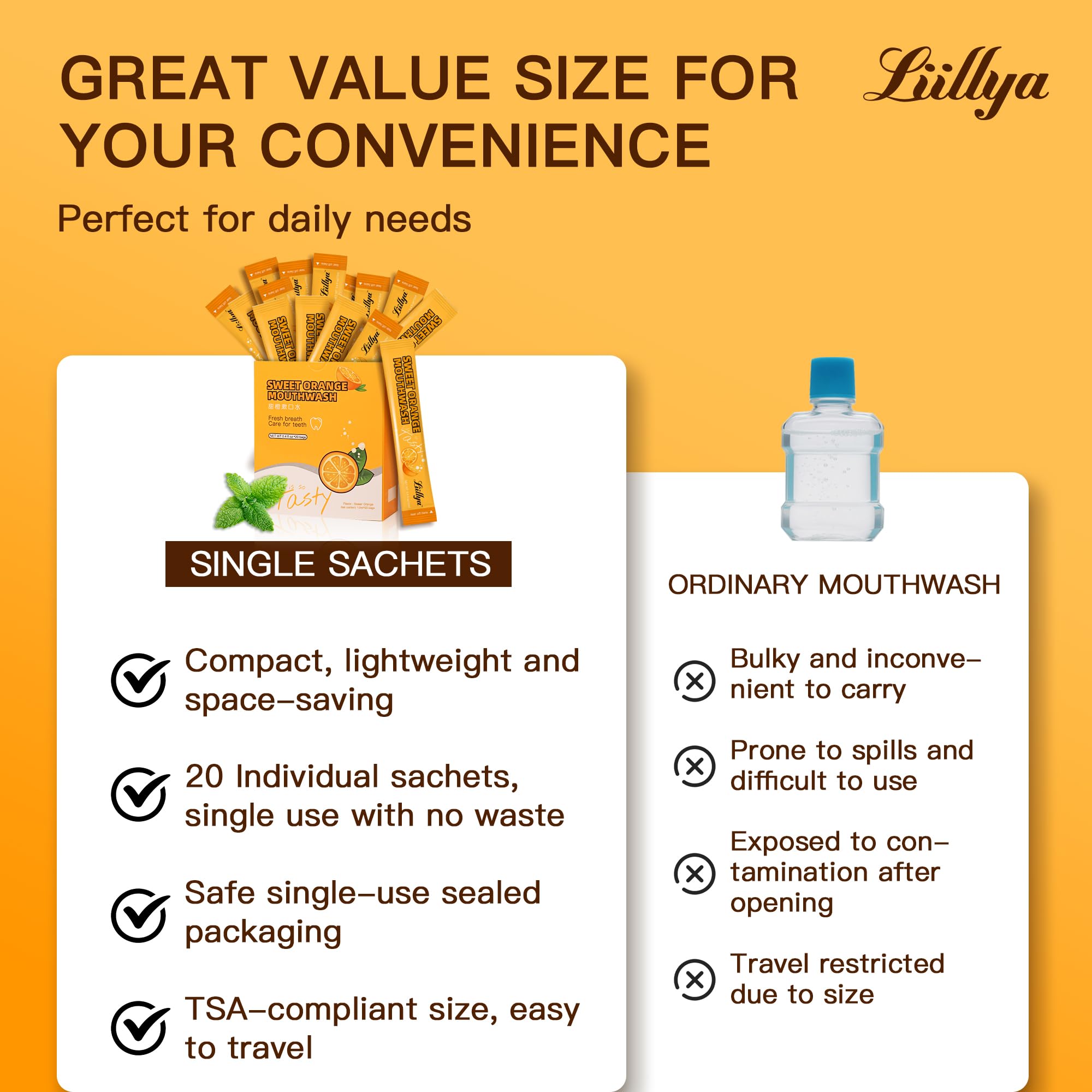 Front view of Liillya travel mouthwash 20-pack
