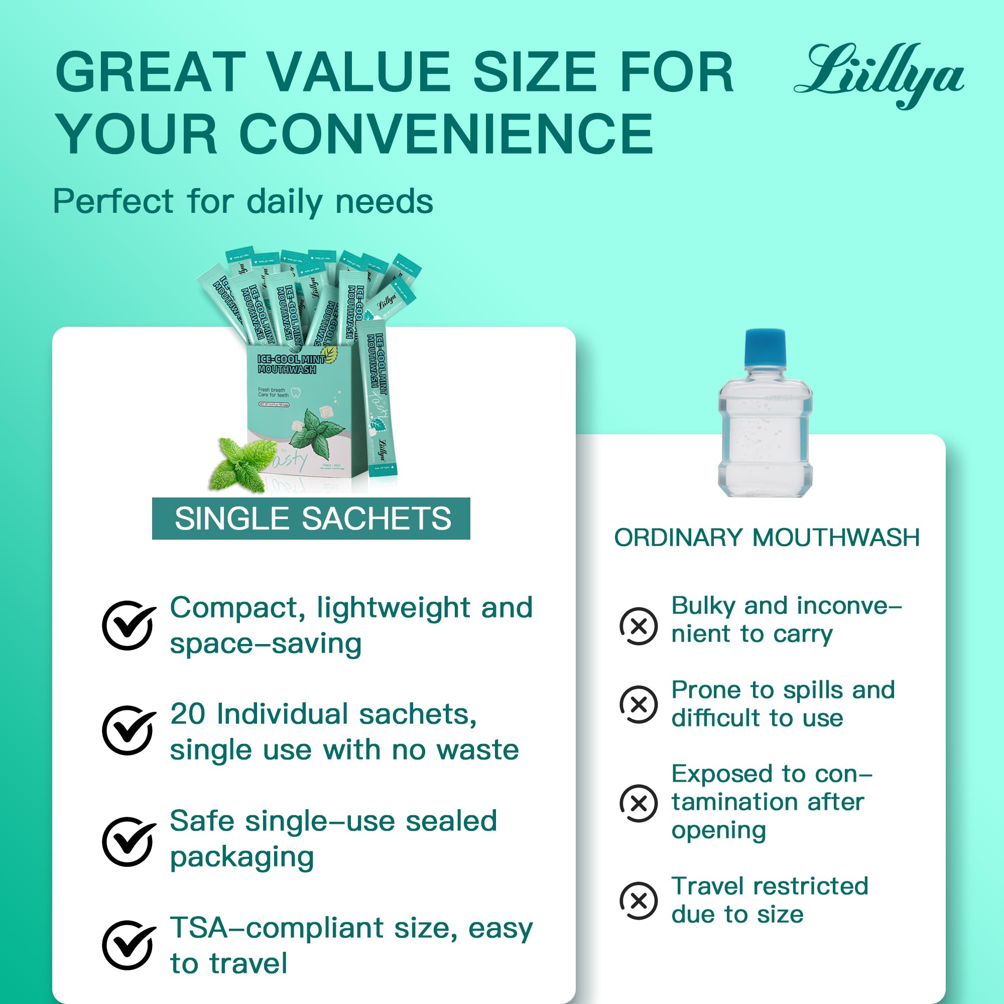 Fresh breath after meals with Liillya mouthwash sachets