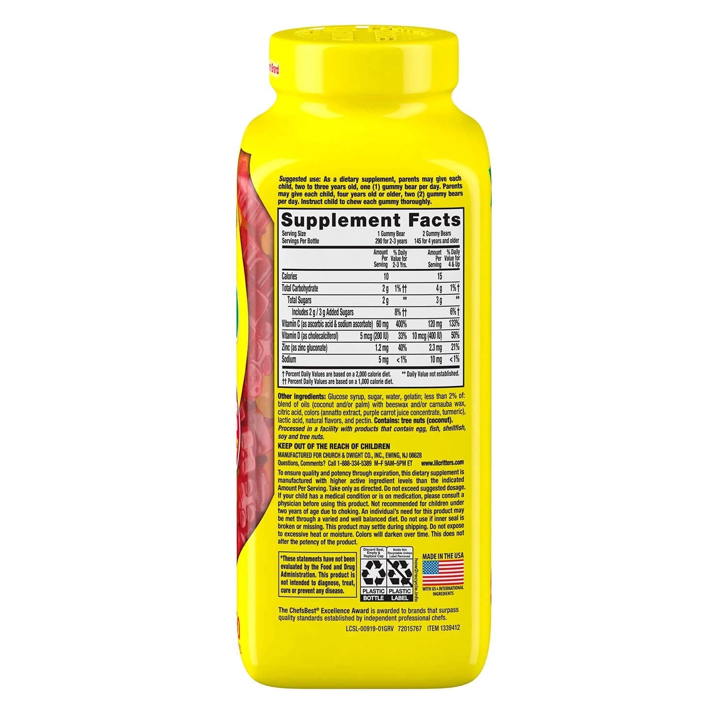 Close-up of gummy bear-shaped vitamins in L'il Critter Immune C Plus Zinc & Vitamin D bottle