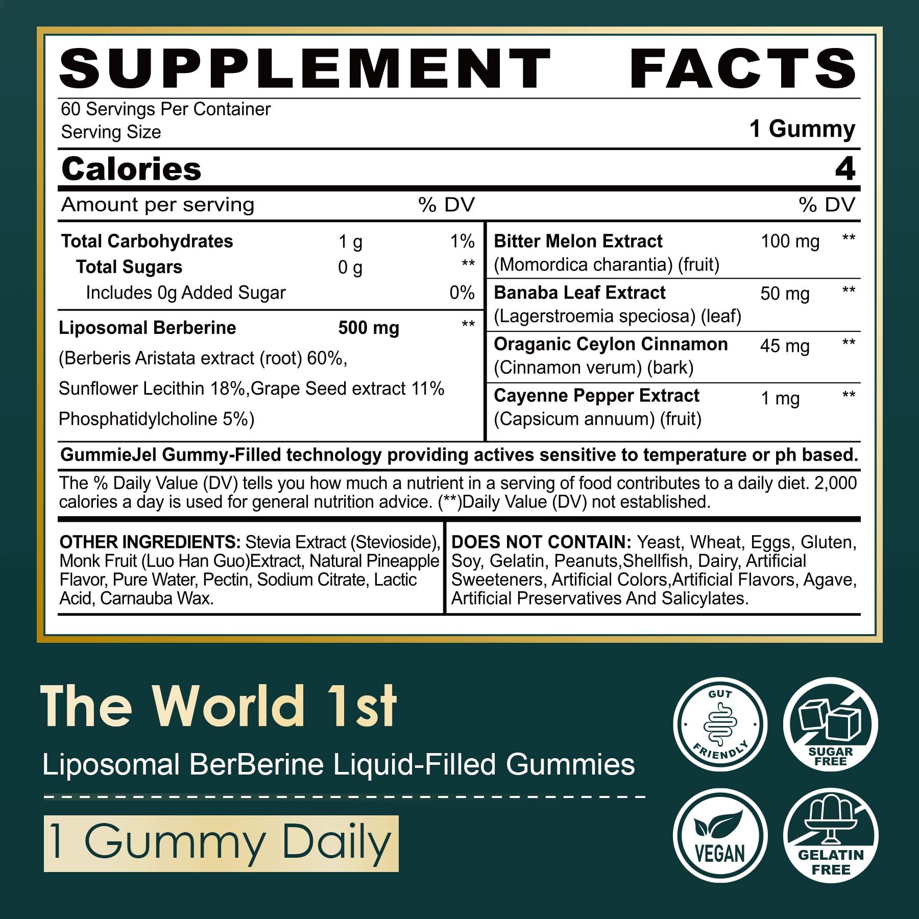 LILICARE Berberine 500mg gummies nutrition facts panel