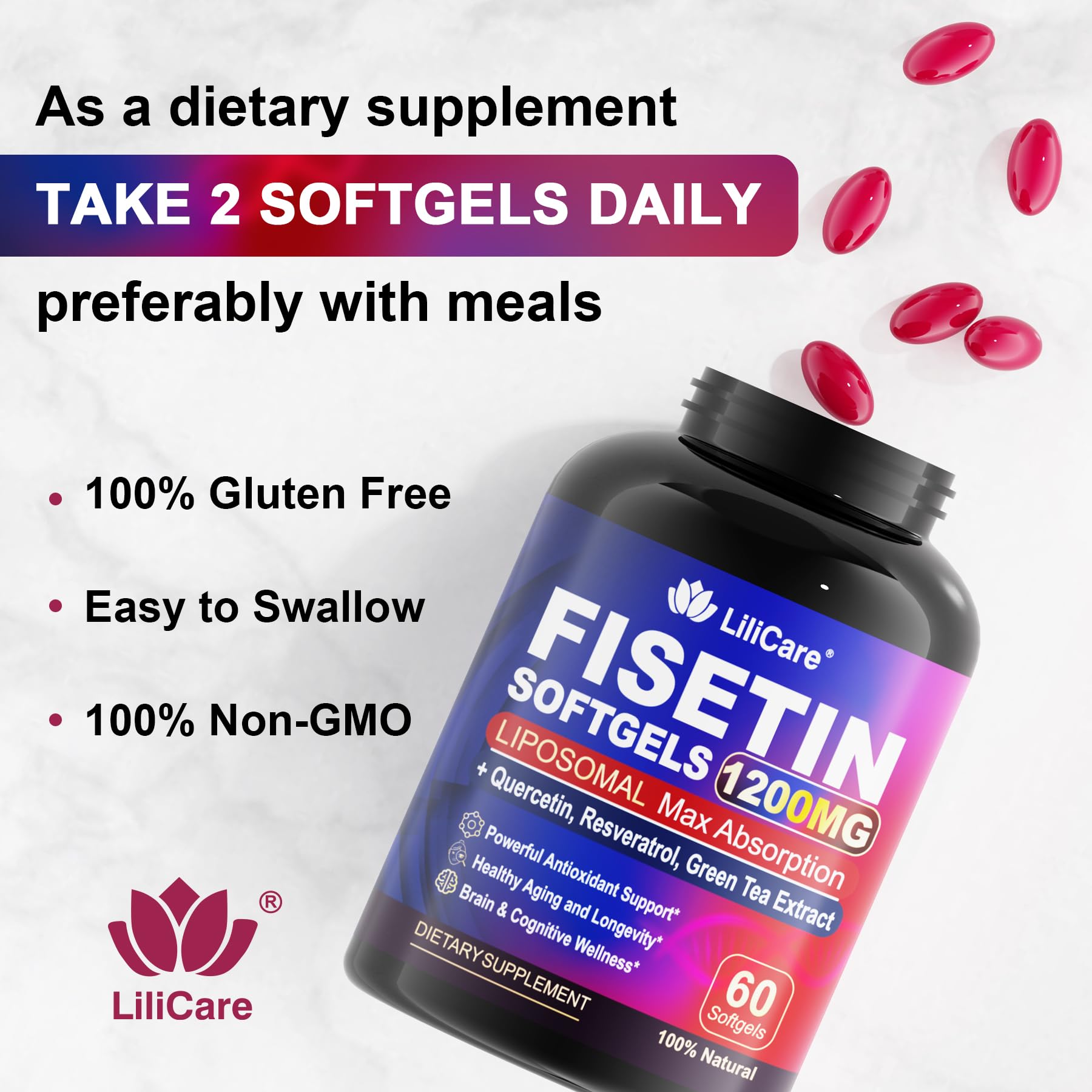 Usage illustration showing recommended dosage for LILICARE Fisetin