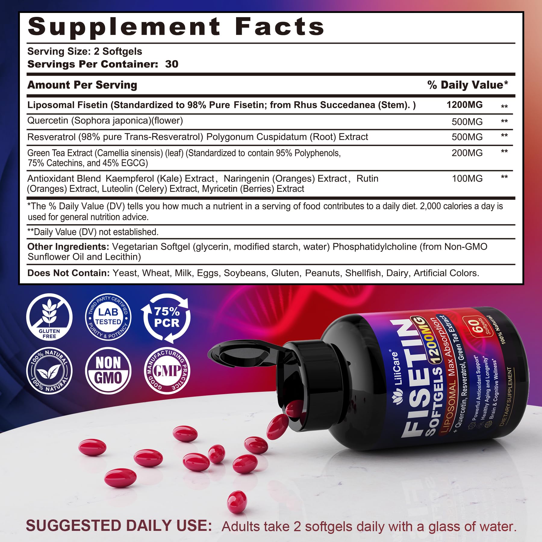 Close-up of LILICARE Fisetin liposomal softgels