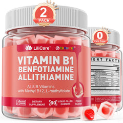 LILICARE front label showing peach-flavored B-complex, clear branding and benefit