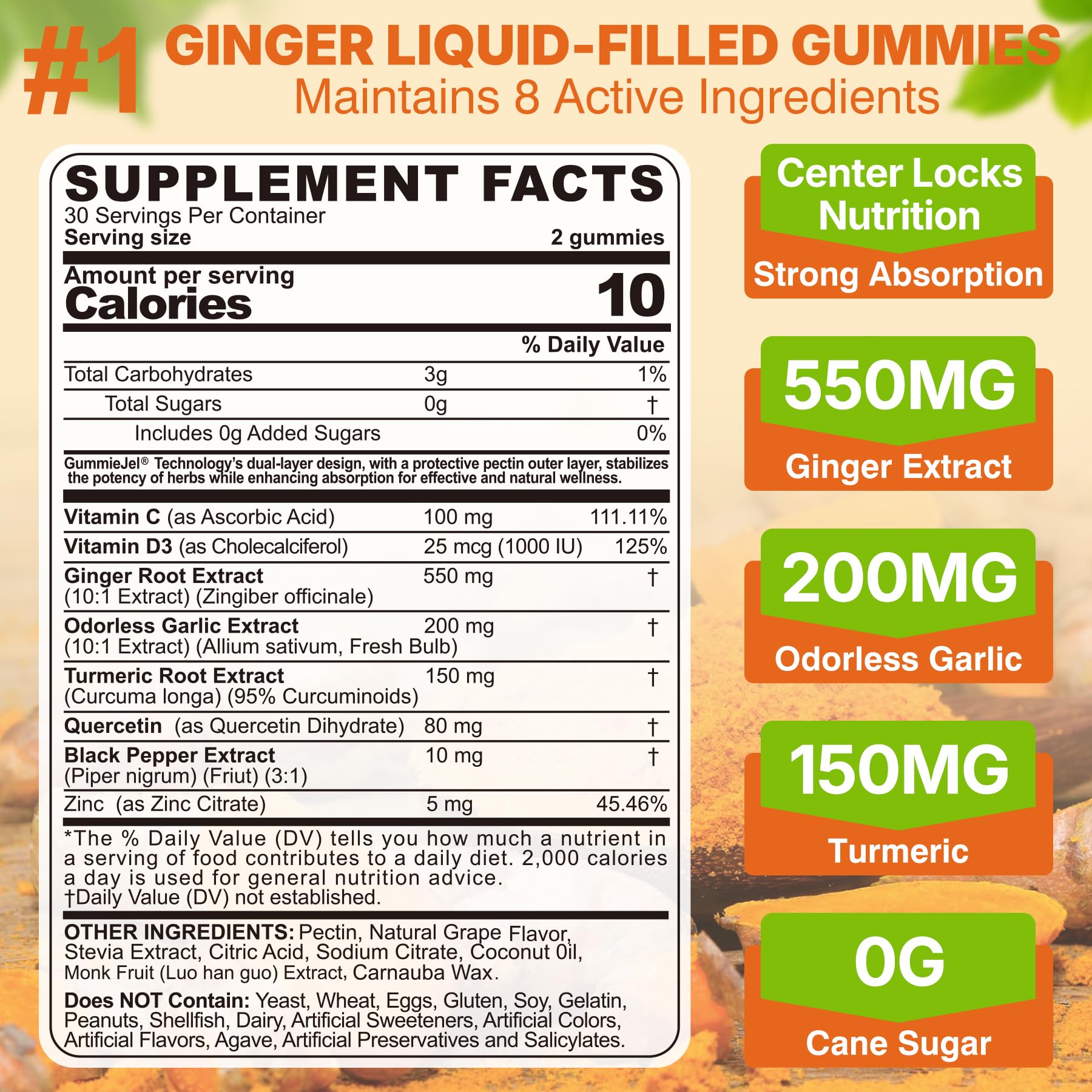Close-up of ginger, odorless garlic and turmeric gummies