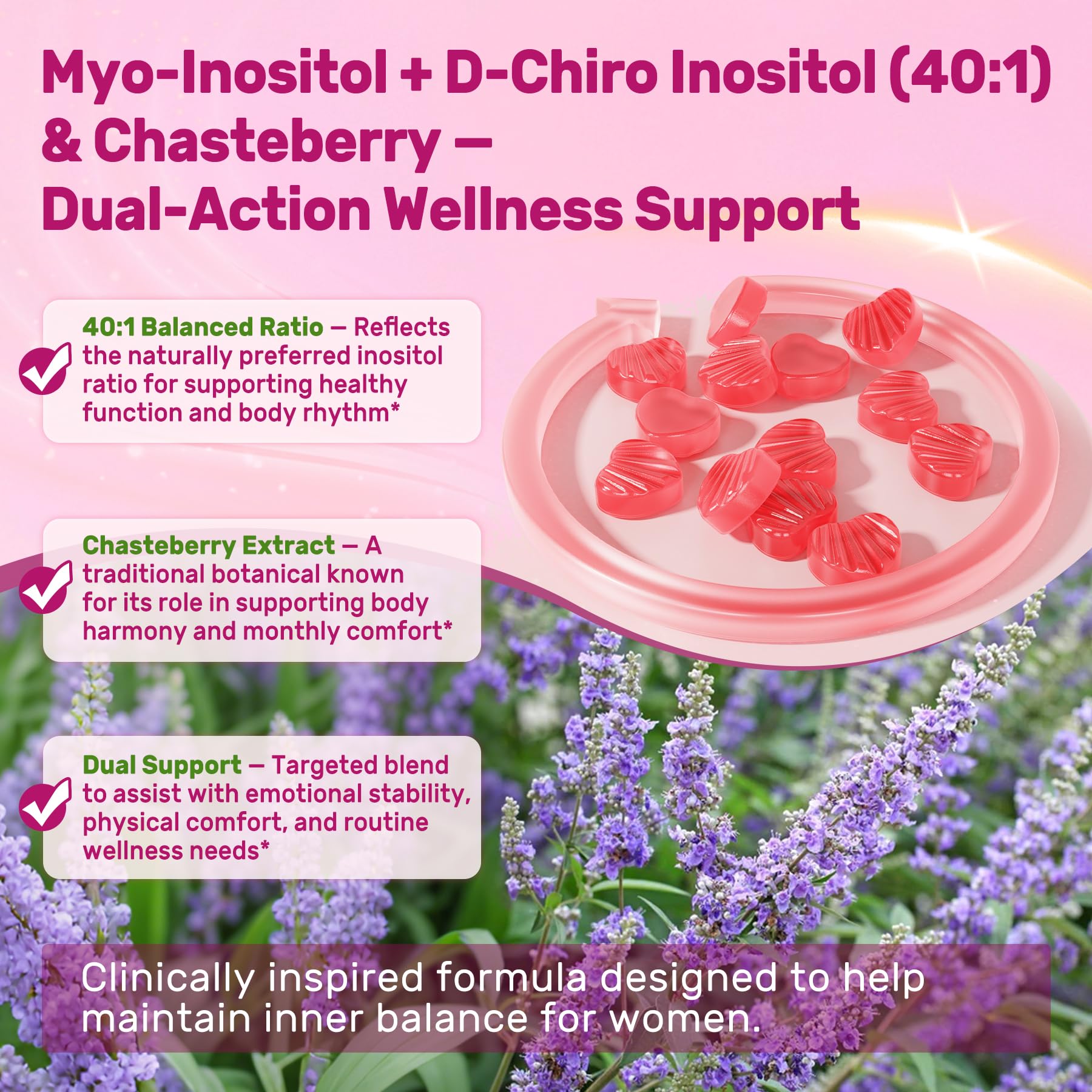 ingredient label close-up showing inositol, chasteberry, methylated B12 for transparency