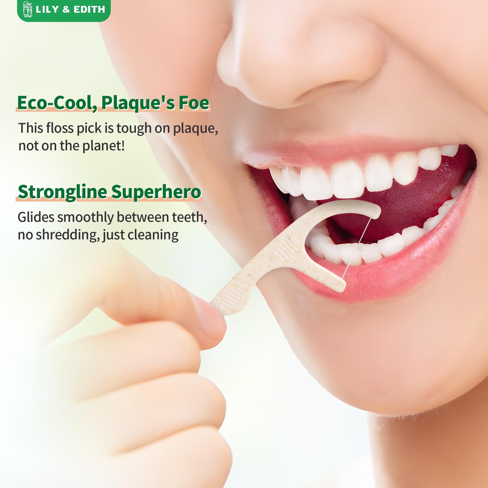 Ultra-sturdy floss thread on LILY & EDITH biodegradable floss picks