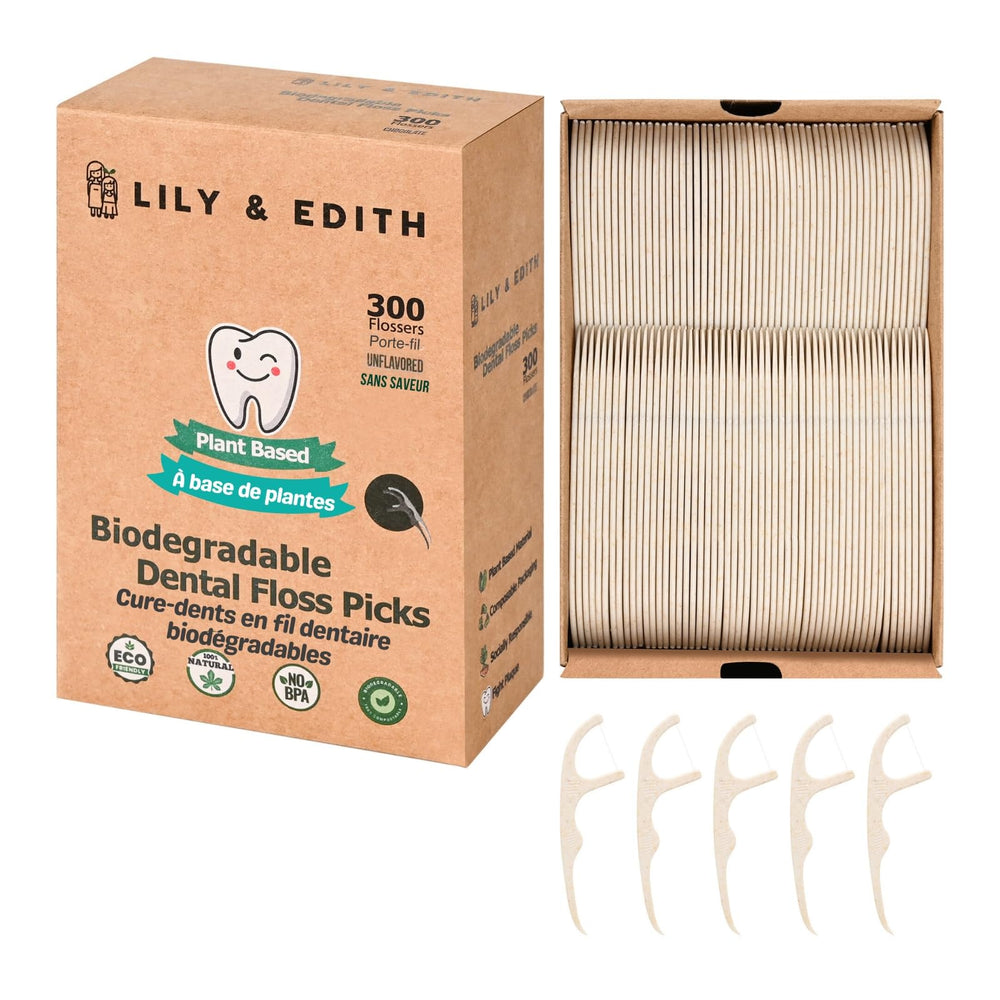 LILY & EDITH plant-based dental floss picks with straw wheat handle