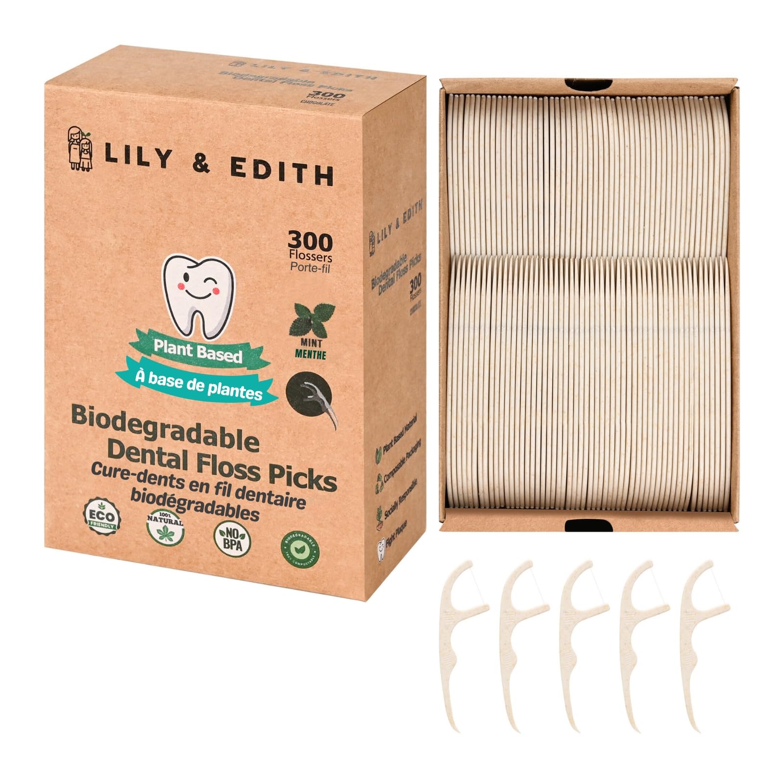 LILY & EDITH plant-based dental floss picks with chocolate flavor and straw-wheat handle