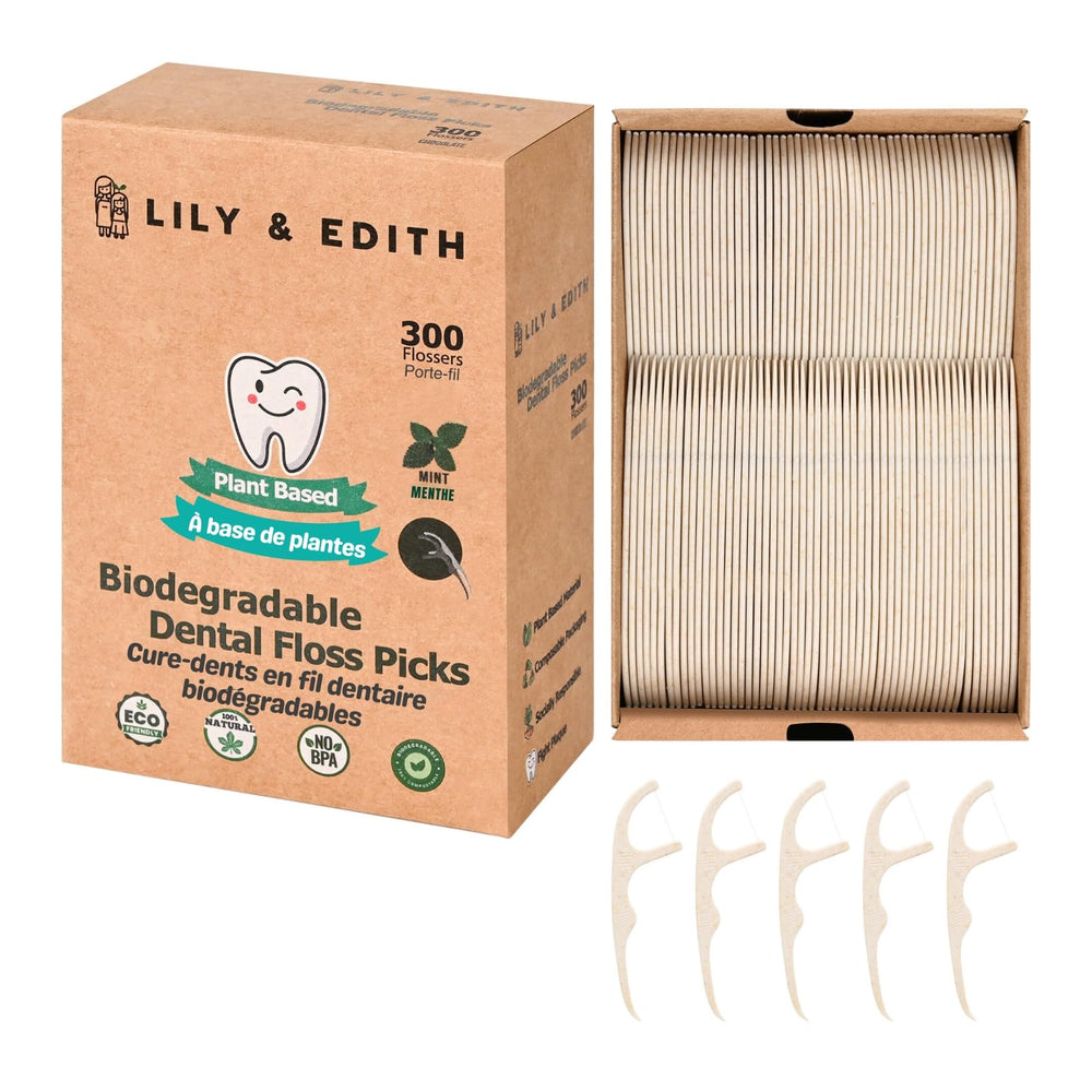 LILY & EDITH plant-based dental floss picks with chocolate flavor and straw-wheat handle