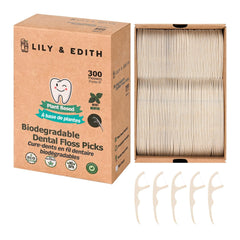 LILY & EDITH plant-based dental floss picks with chocolate flavor and straw-wheat handle
