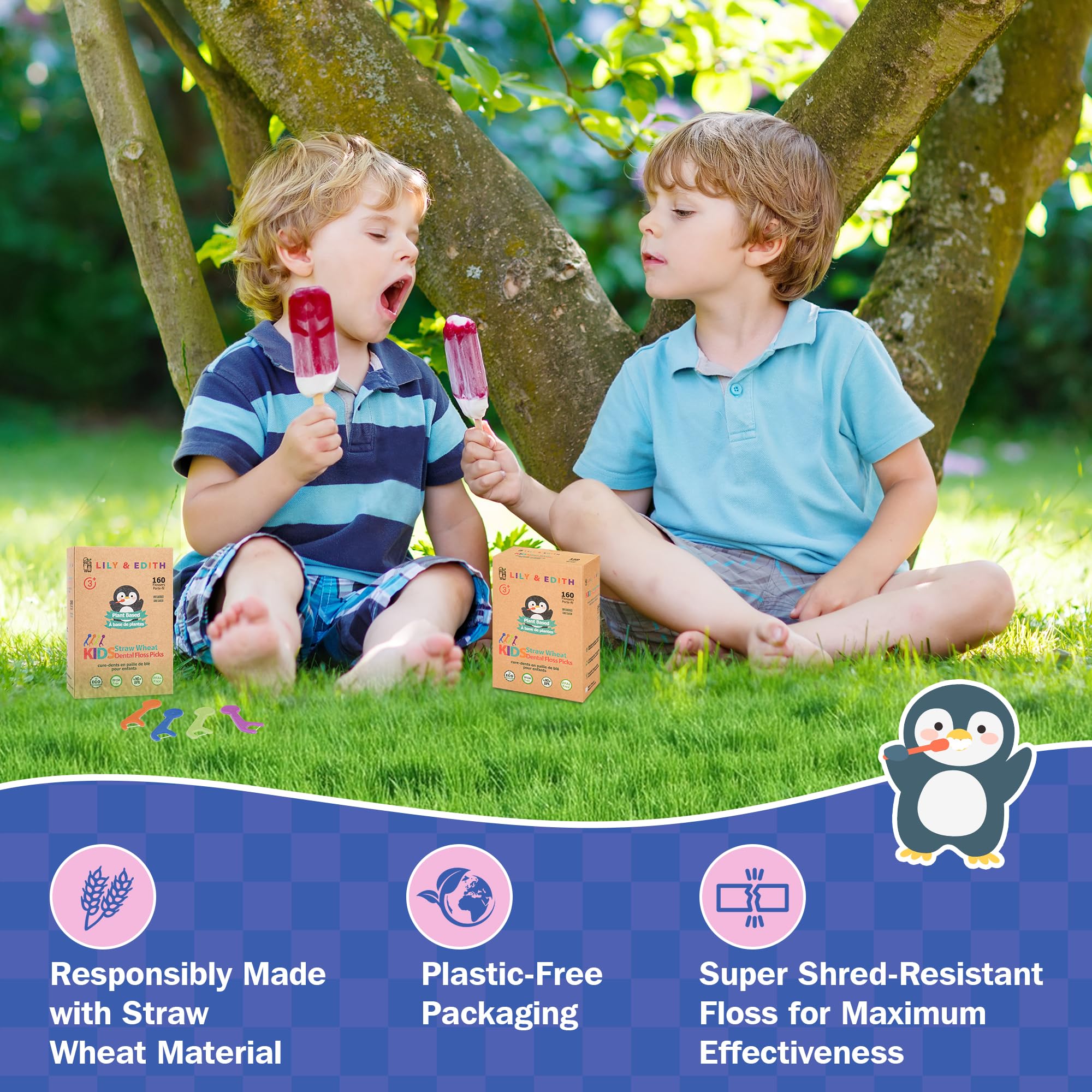 Child using flossers with kid-friendly handles
