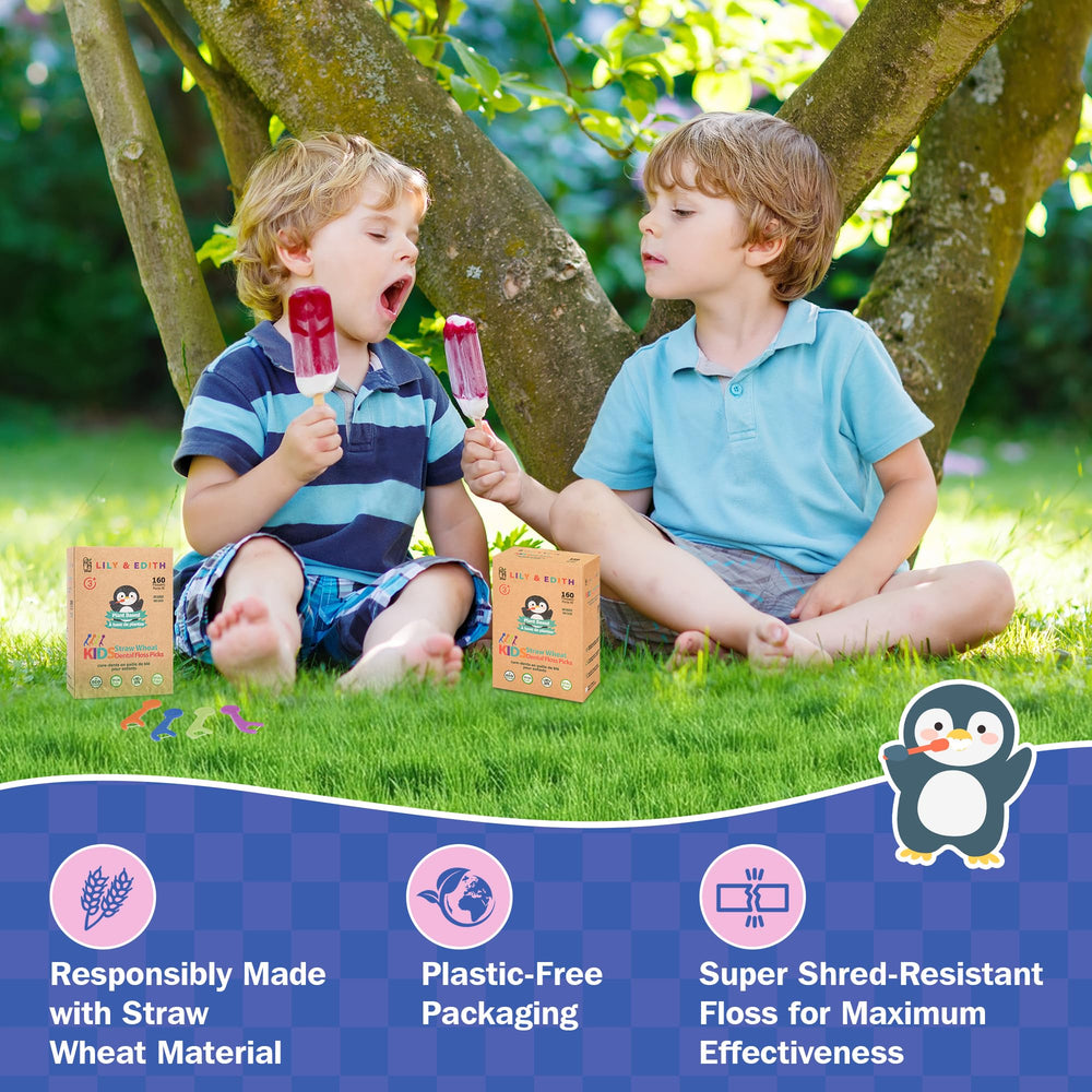 Child using flossers with kid-friendly handles