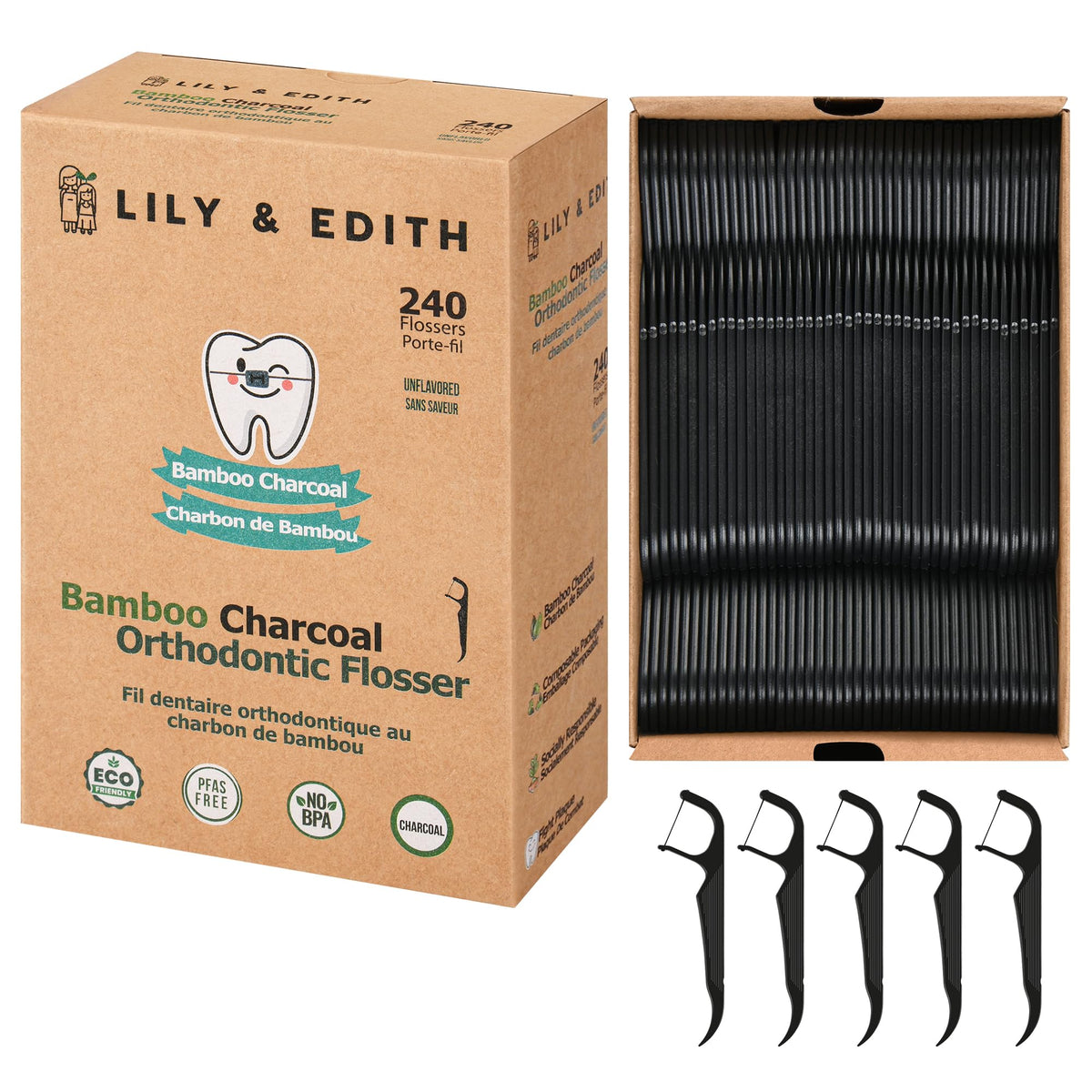 LILY & EDITH Orthodontic Flosser under braces with bamboo charcoal floss