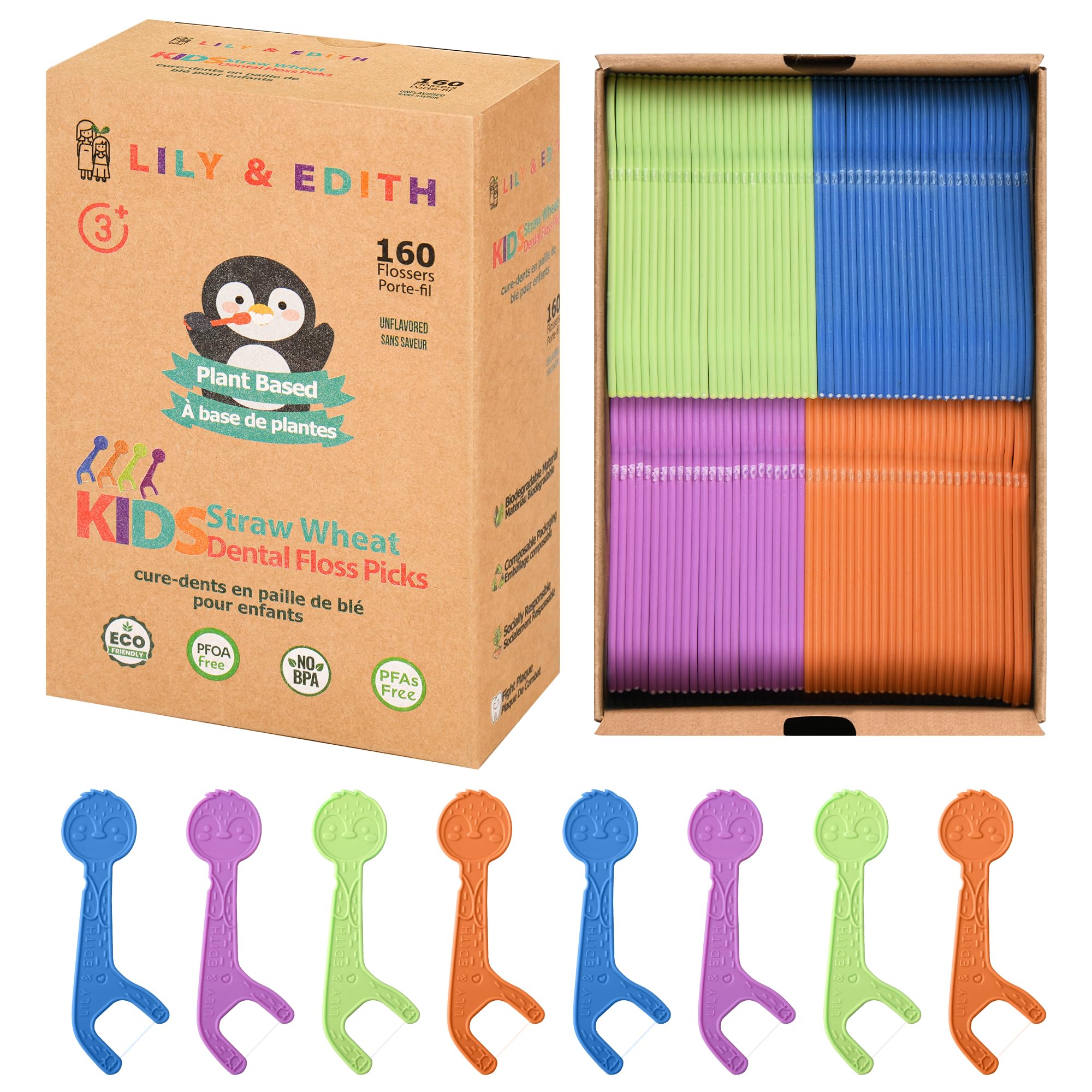 Penguin-shaped straw wheat kids flossers in colorful packaging