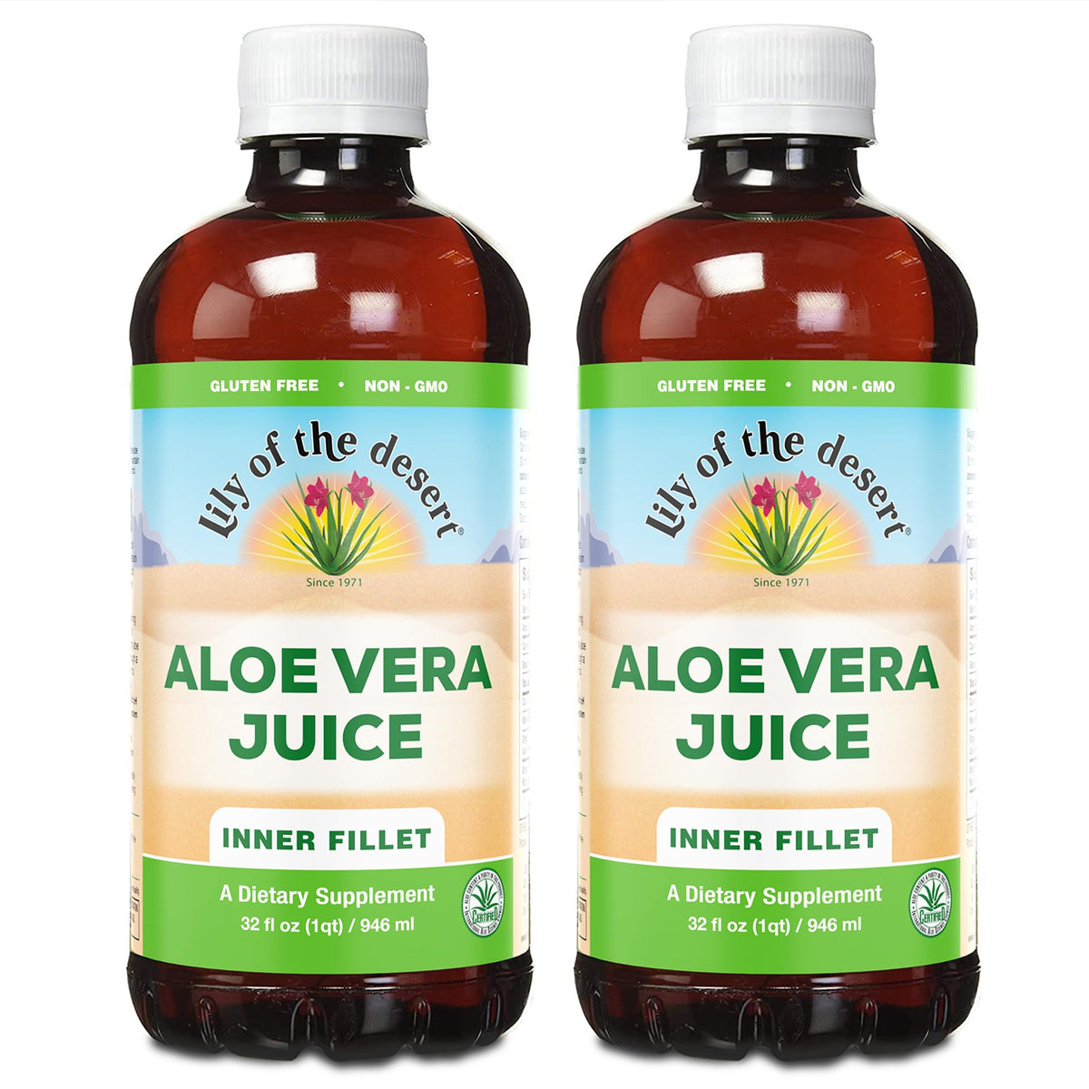 Front view of Lily of the Desert Aloe Vera Juice 2-Pack inner fillet bottles
