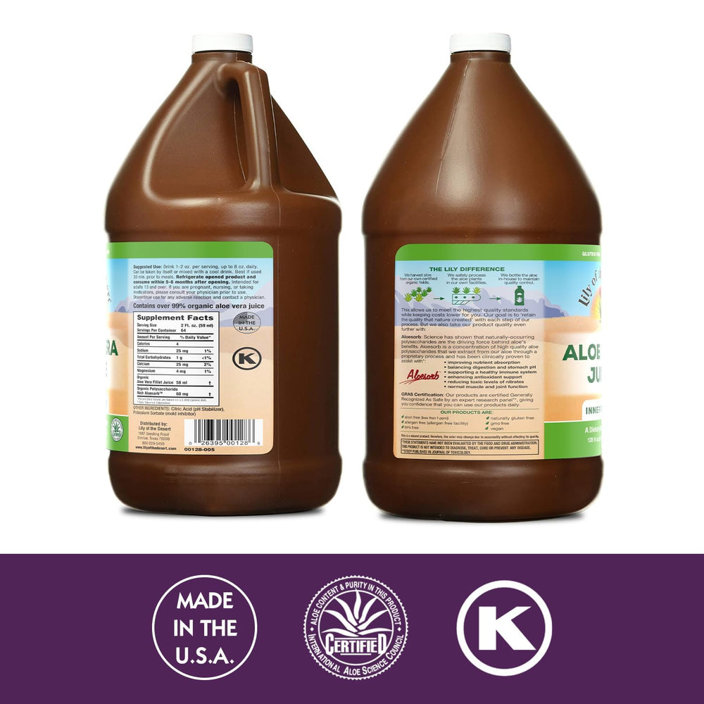 Side view of Lily of the Desert Aloe Vera Juice bottle