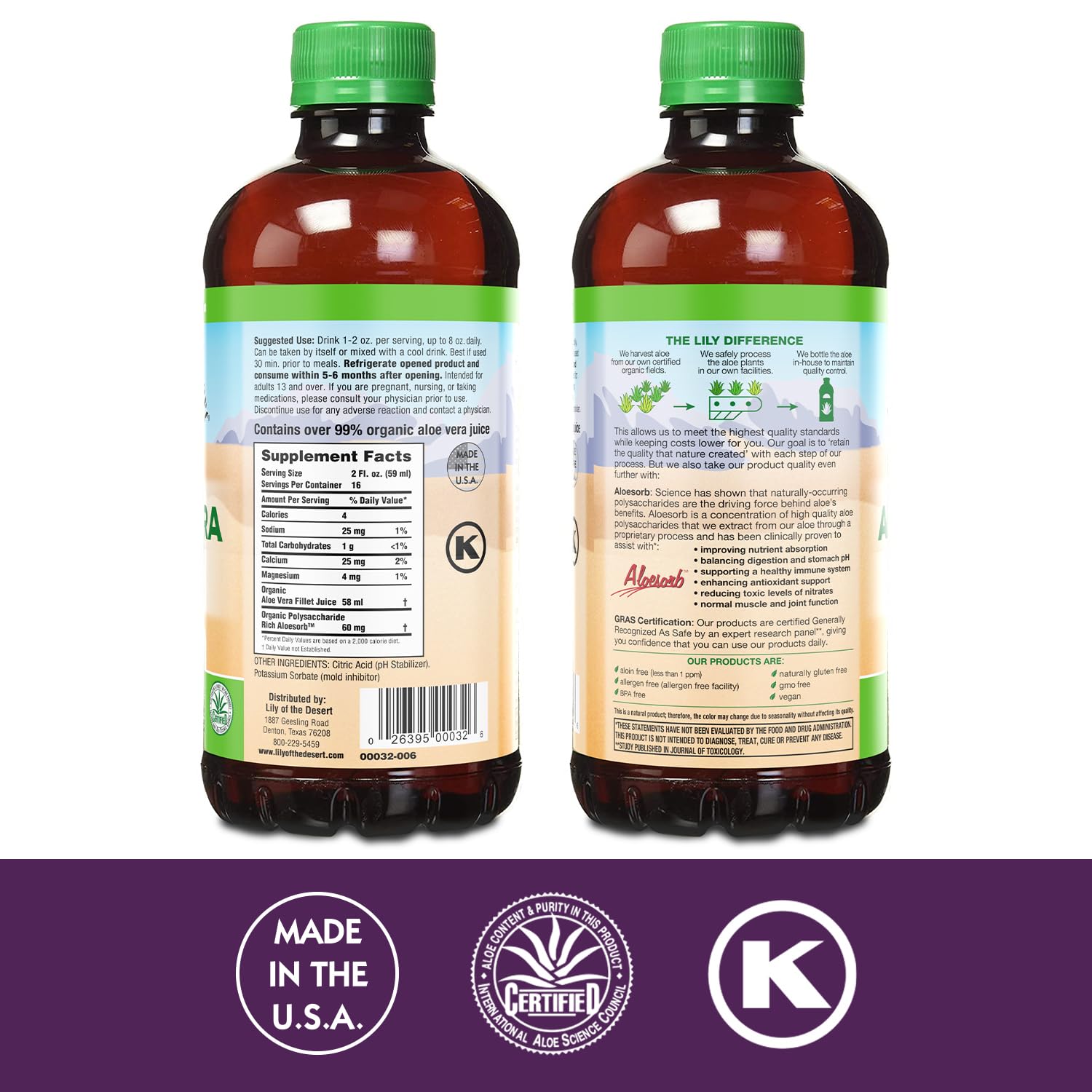 Side angle shot of Lily of the Desert Aloe Vera Juice Inner Fillet bottle