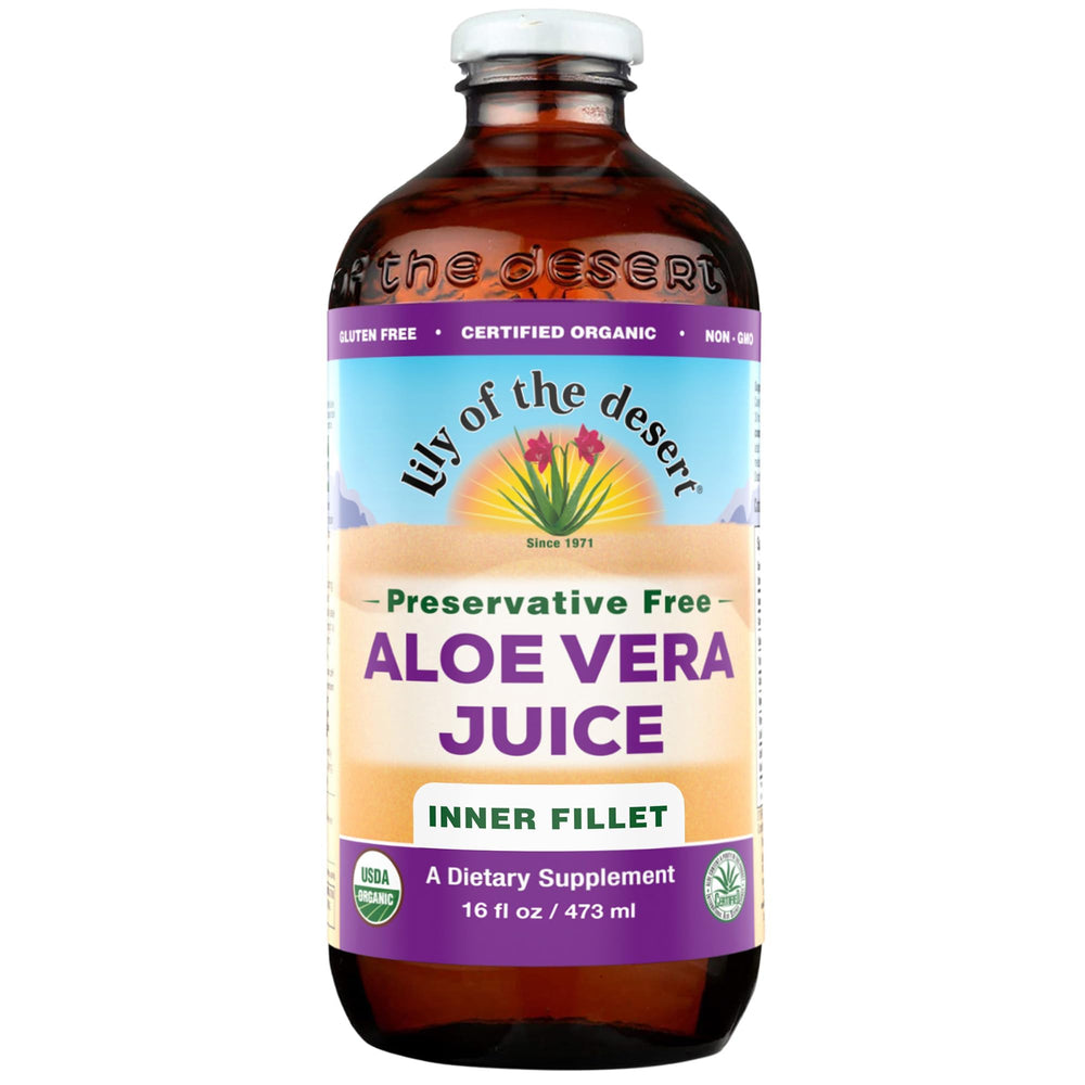 Lily of the Desert Aloe Vera Juice bottle with label, preserving organic, preservative-free hydration support.