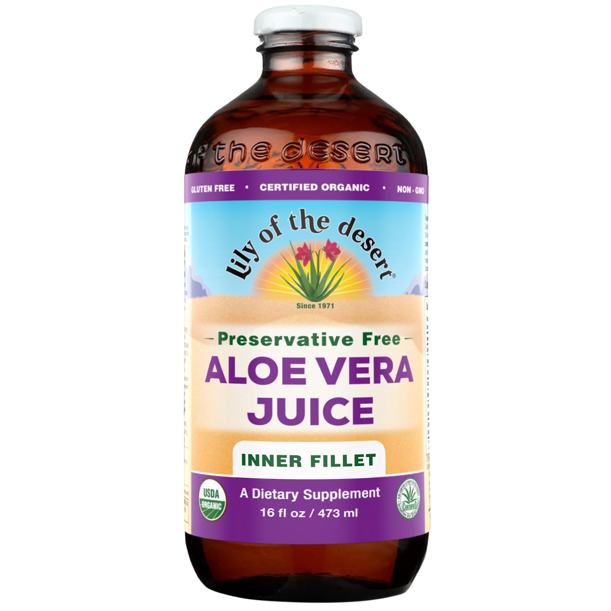 Lily of the Desert Aloe Vera Juice bottle with label, preserving organic, preservative-free hydration support.