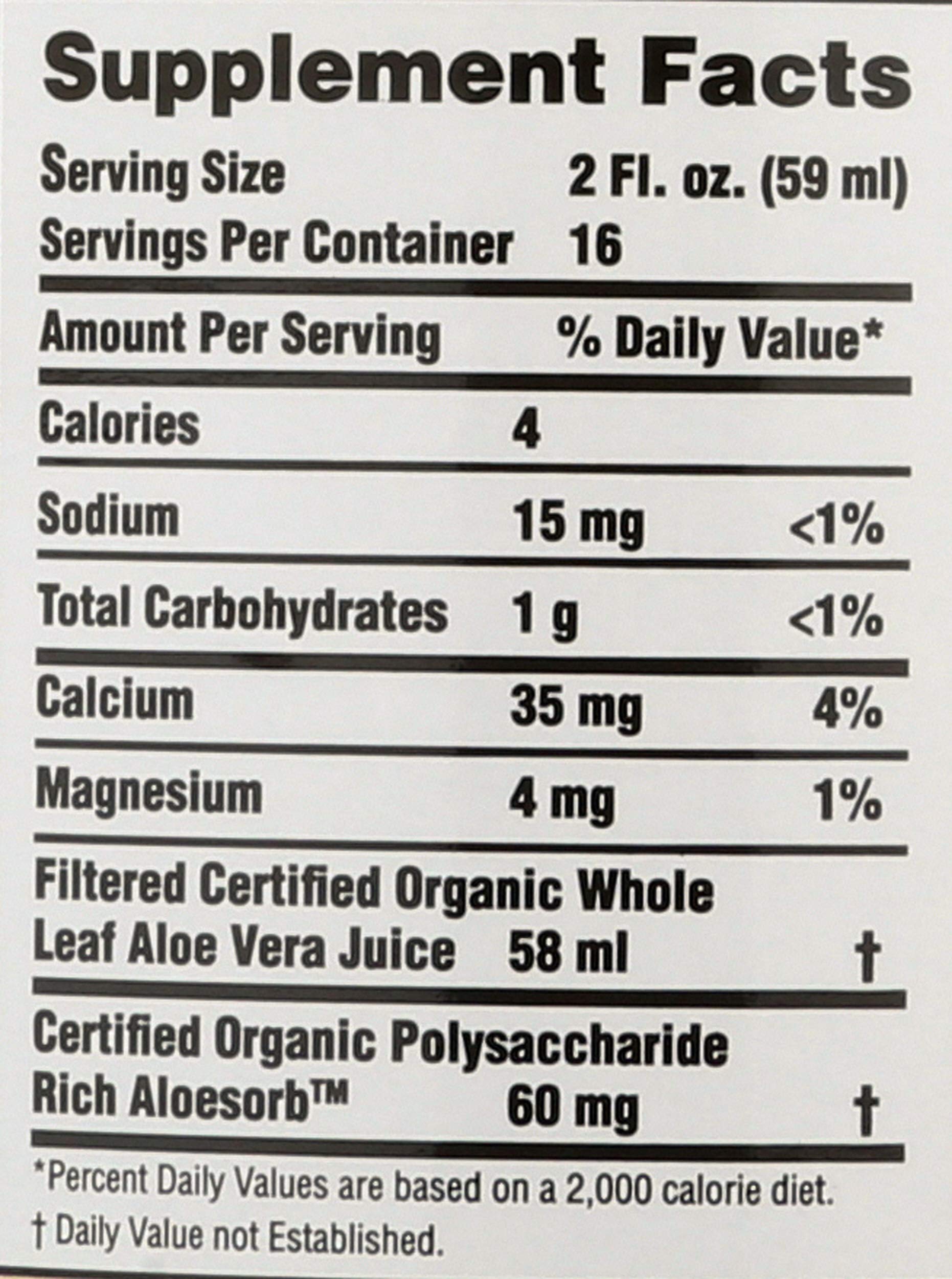 Back label with ingredients and certifications for Lily Of The Desert Aloe Vera Juice Whole Leaf 32 oz