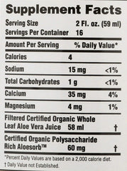 Back label with ingredients and certifications for Lily Of The Desert Aloe Vera Juice Whole Leaf 32 oz