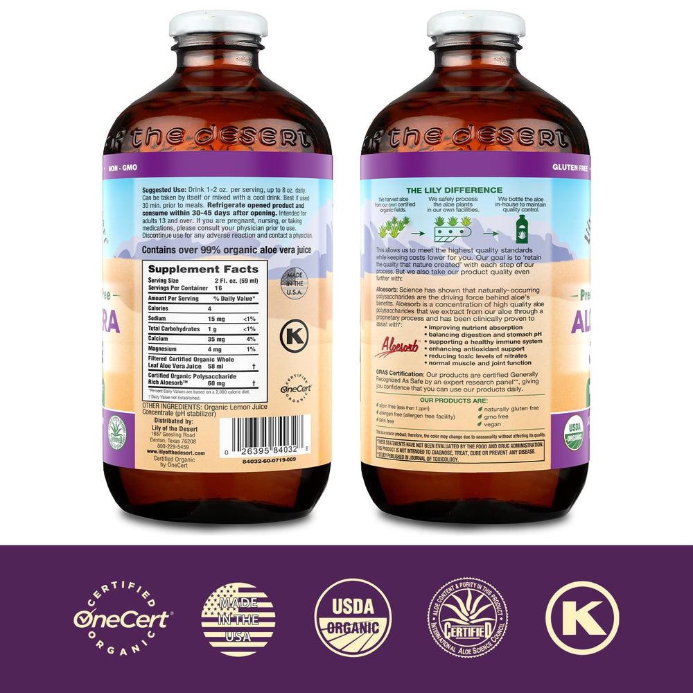 Front label showing USDA Organic and Preservative Free