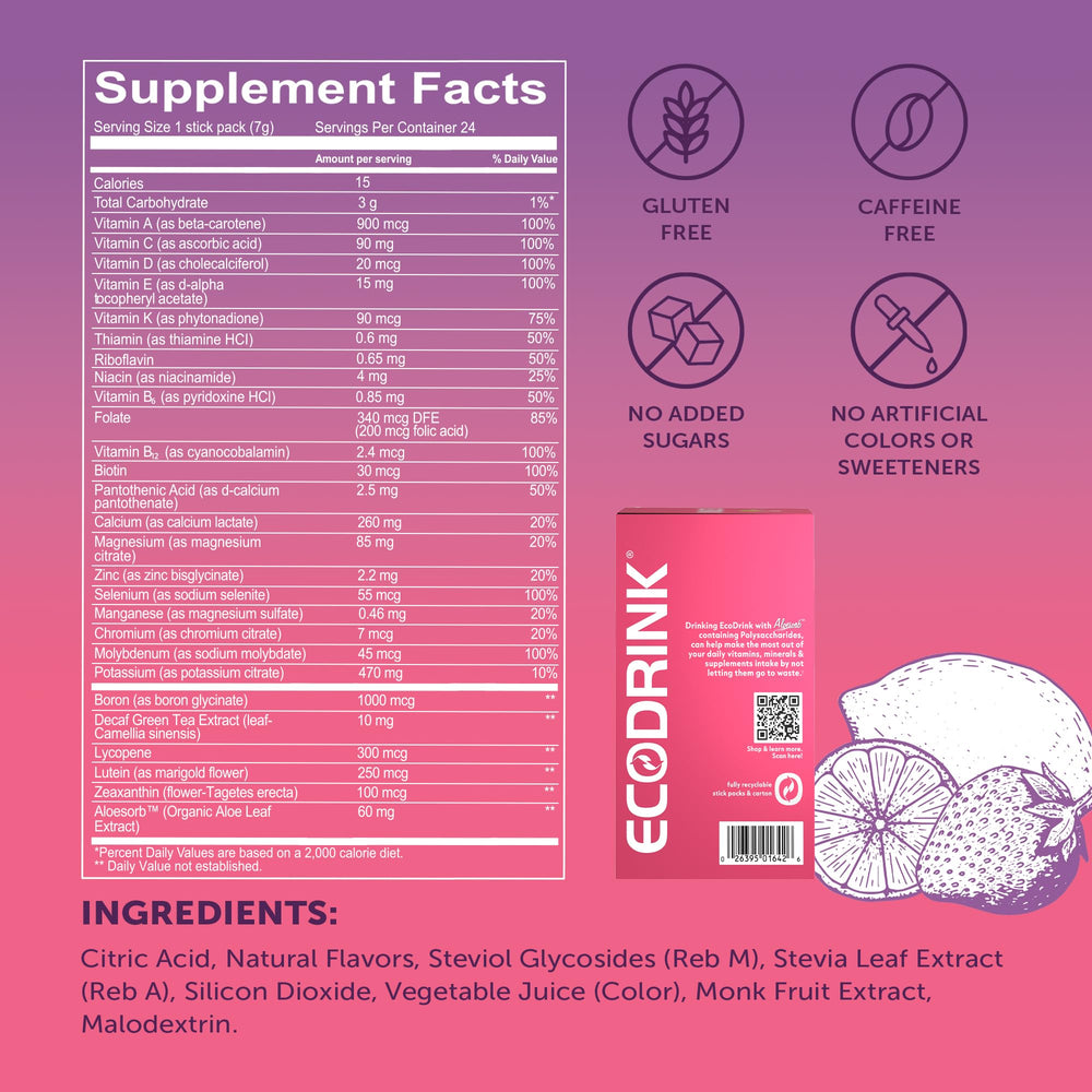 Close-up of Lily of the Desert EcoDrink Strawberry Lemonade hydration packets