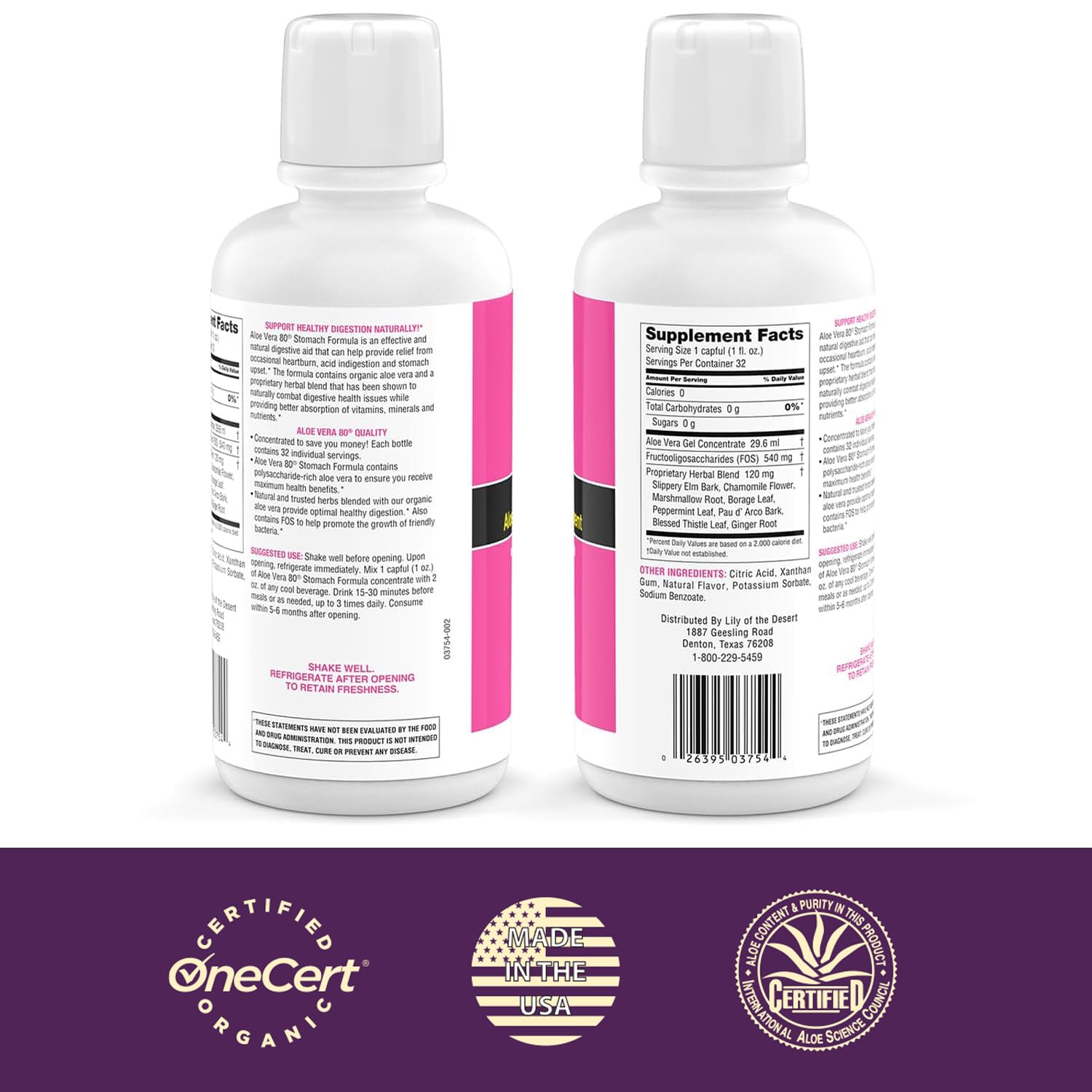 Front view of Lily of the Desert Aloe Vera 80 Stomach Formula bottles