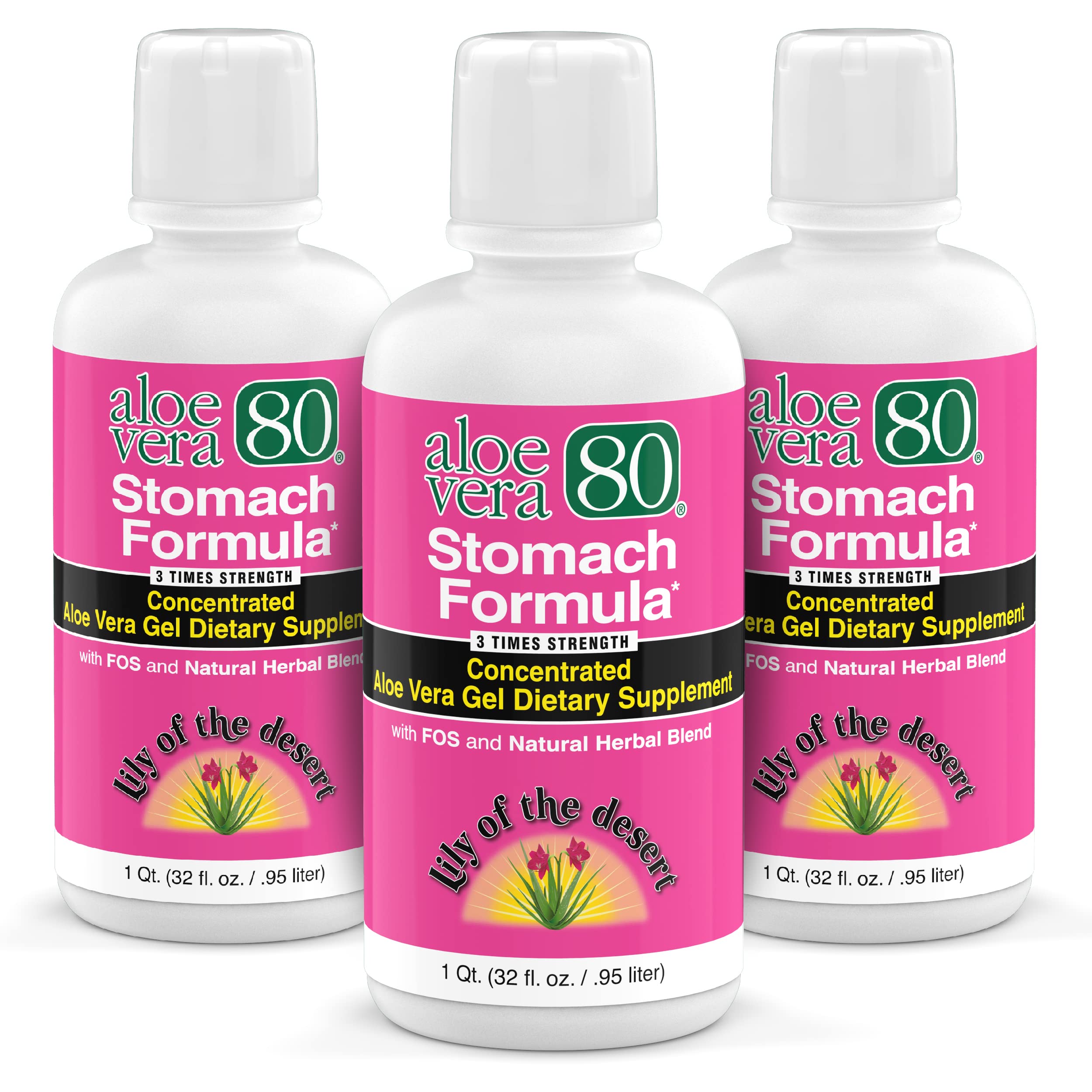 Main image: Lily of the Desert Stomach Formula 3-pack bottles