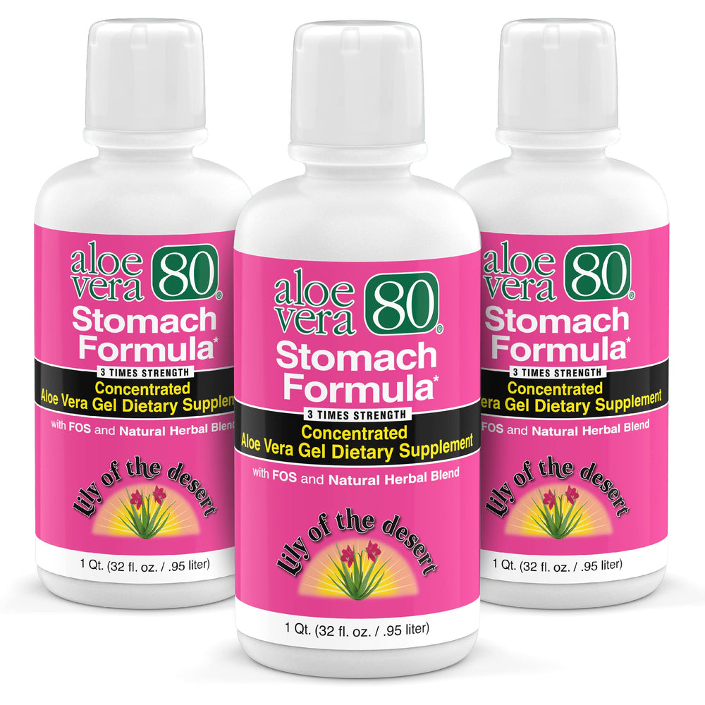 Main image: Lily of the Desert Stomach Formula 3-pack bottles