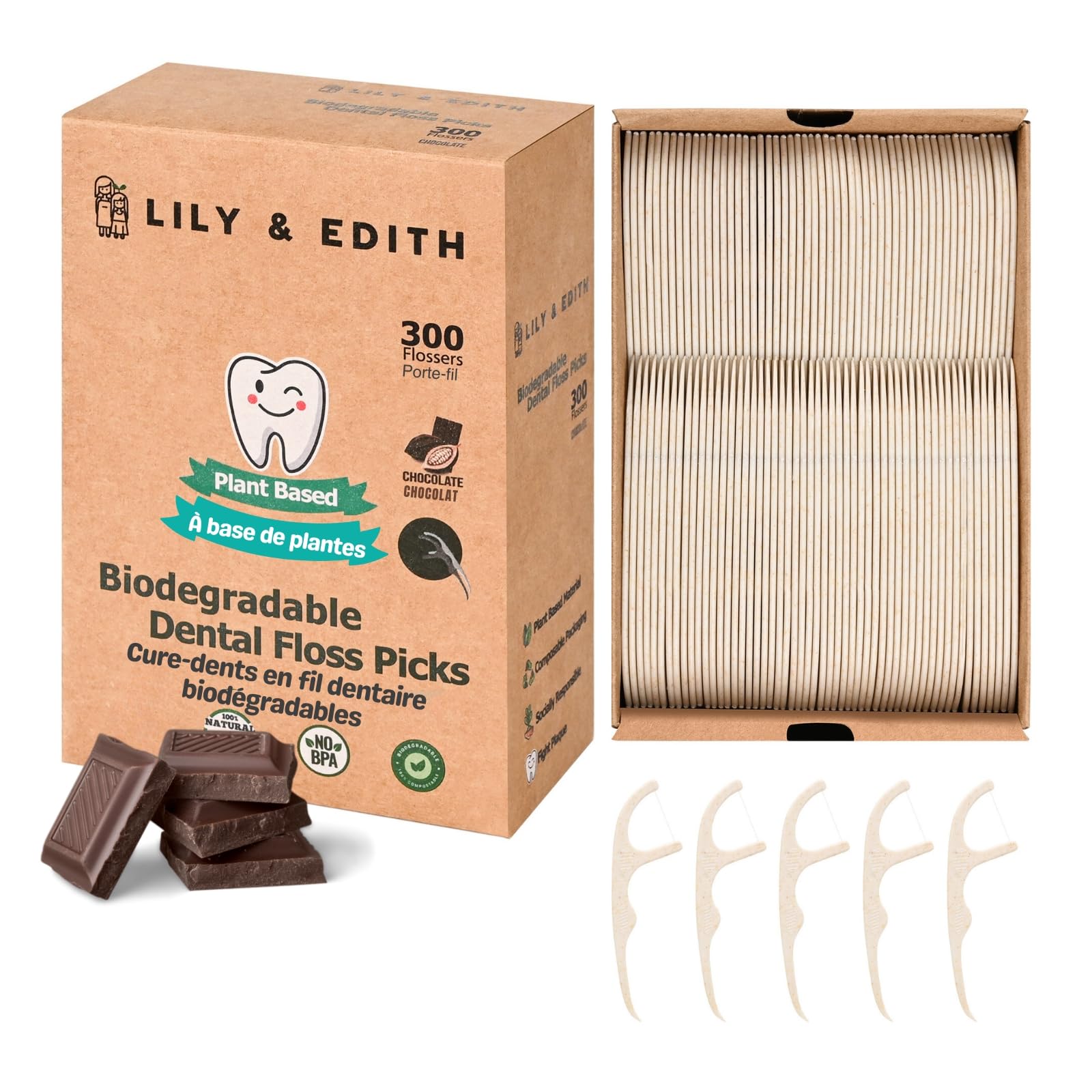 LILY & EDITH biodegradable floss picks with chocolate flavor and straw-wheat handle