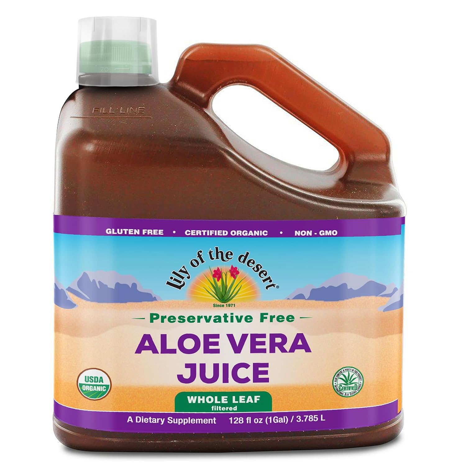 Lily of the Desert Aloe Vera Juice bottle front label showing 128 oz