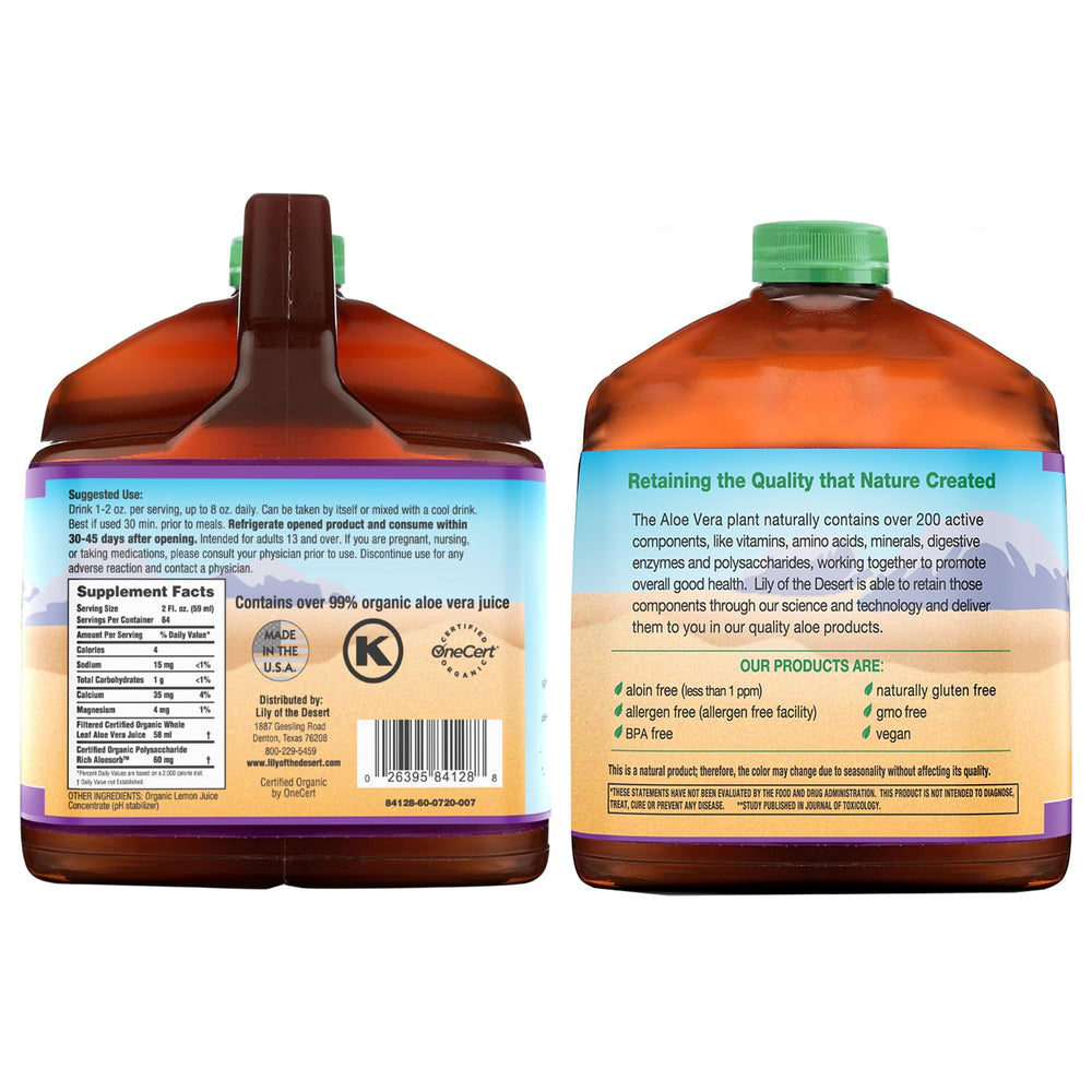 Side view of Lily of the Desert Aloe Vera Juice bottle