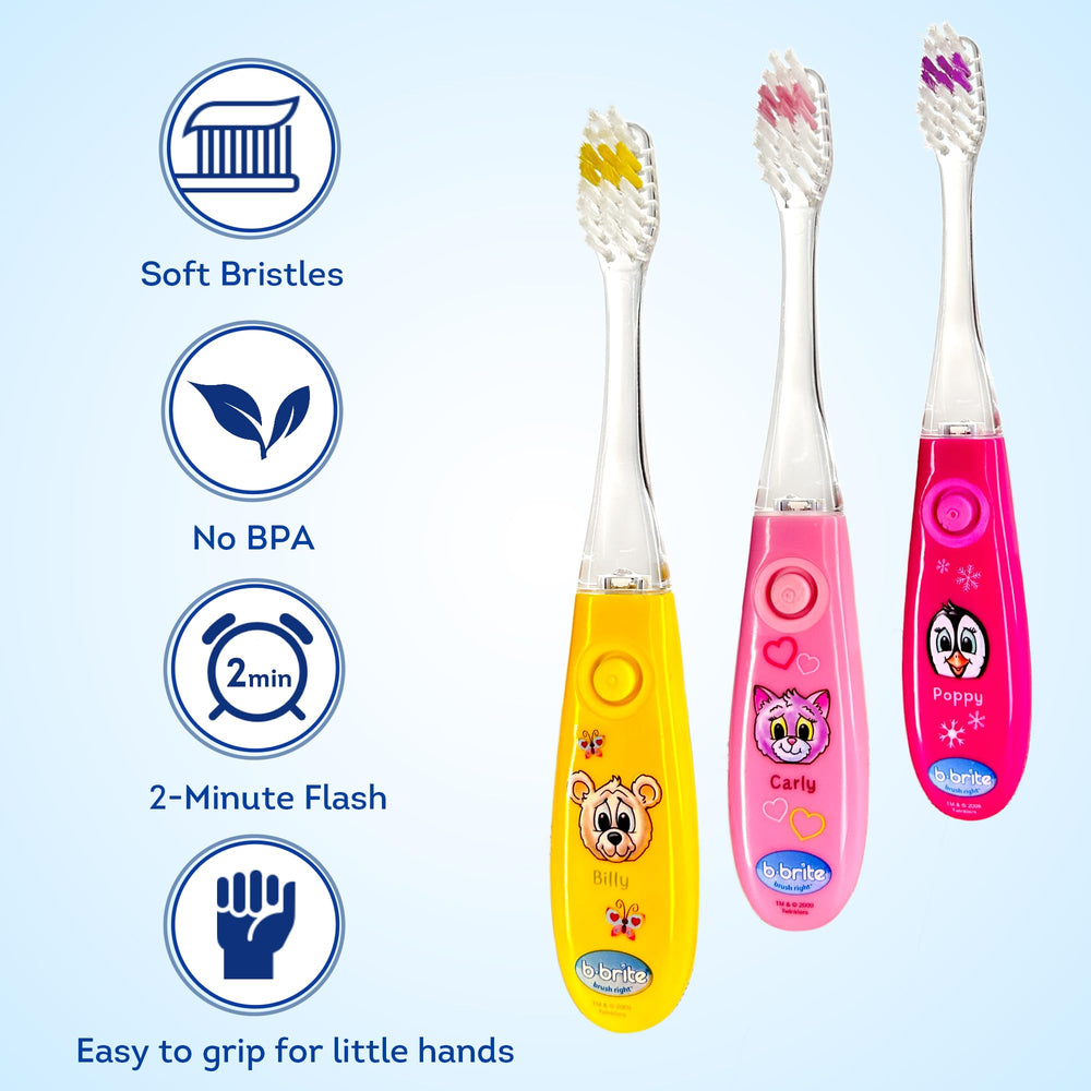 Bright animal designs and glow on toothbrush handles