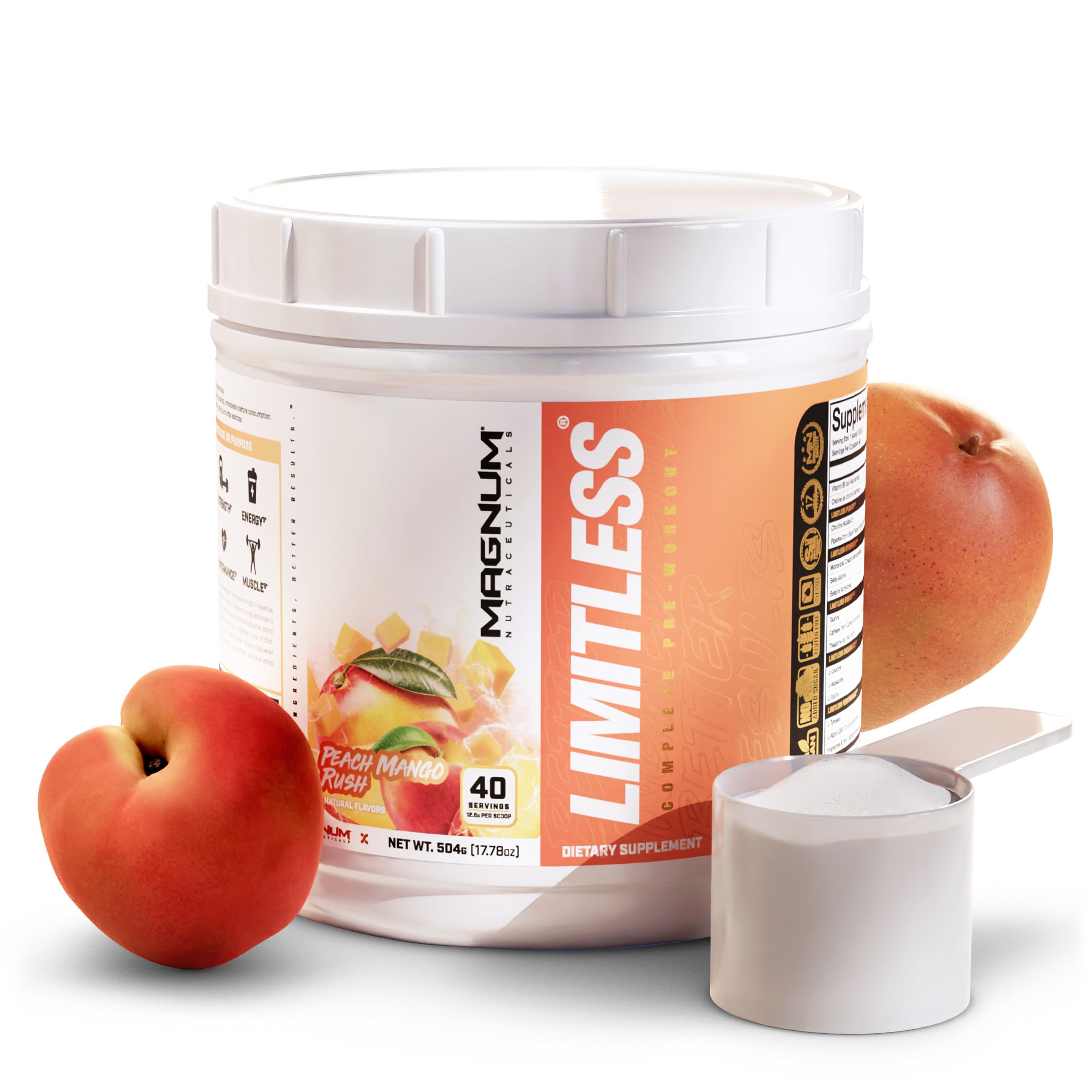 Close-up of Peach Mango Rush label on LIMITLESS Magnum jar