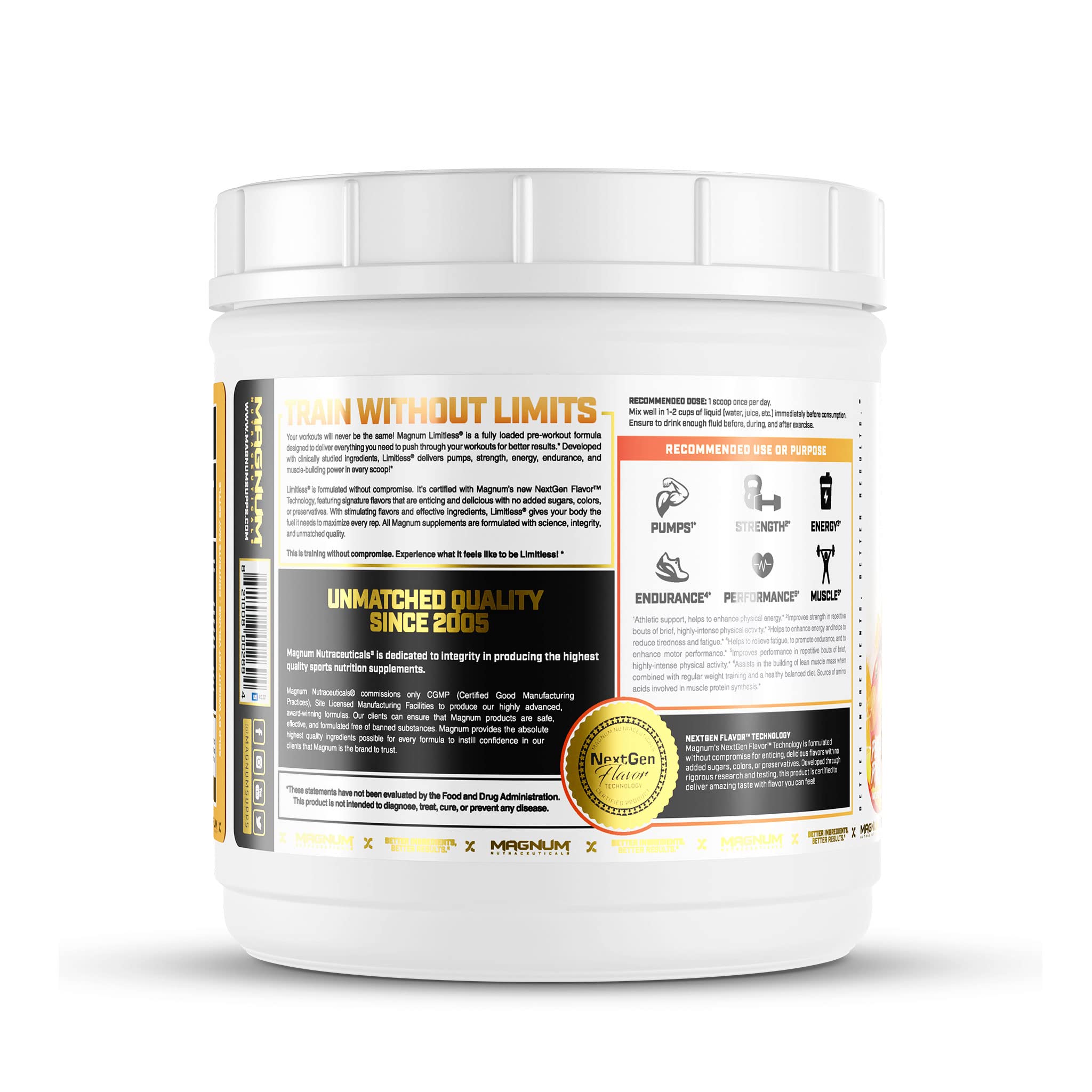 Front view of LIMITLESS Magnum 504g package with scoop