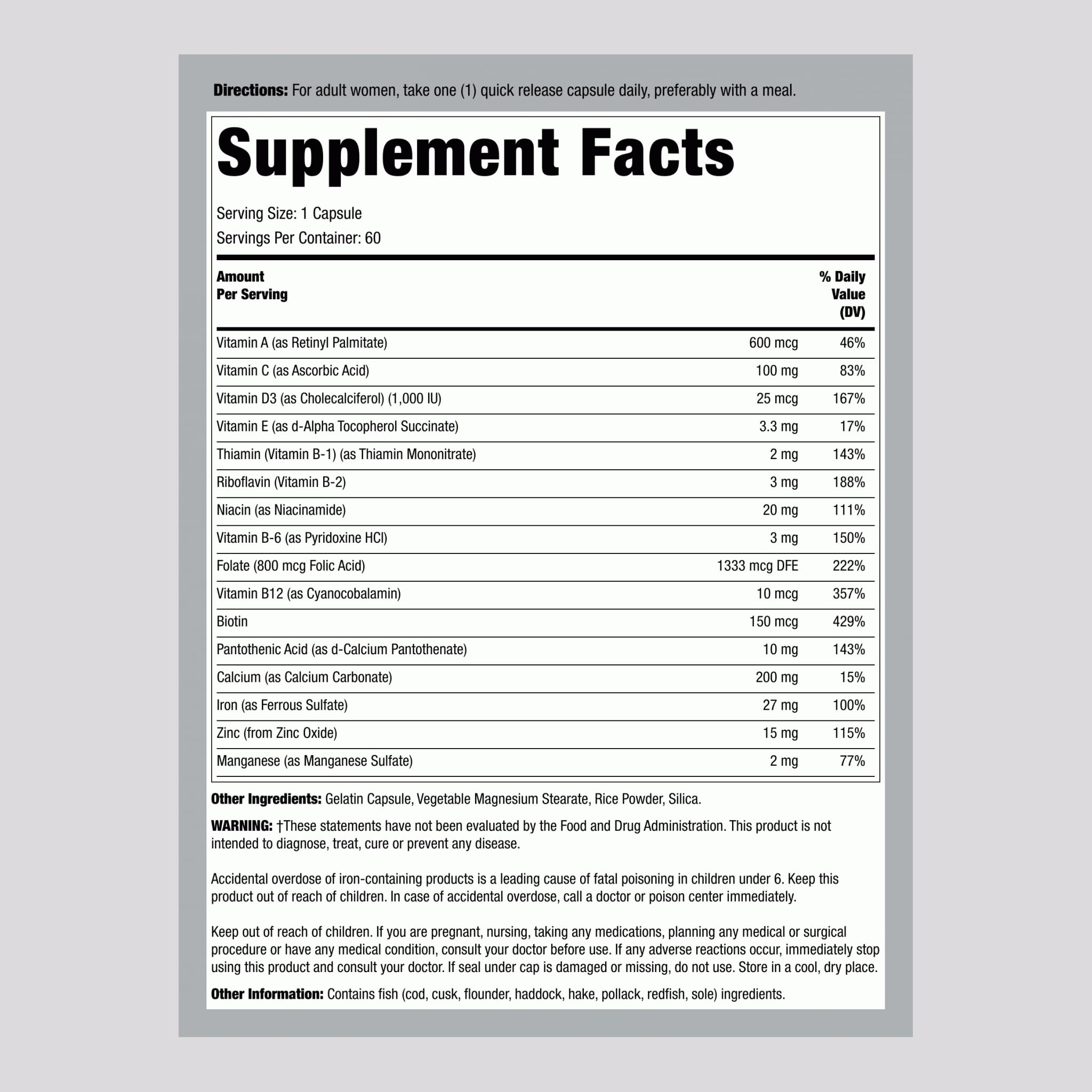 Close-up showing iron and folate on Lindberg prenatal vitamins