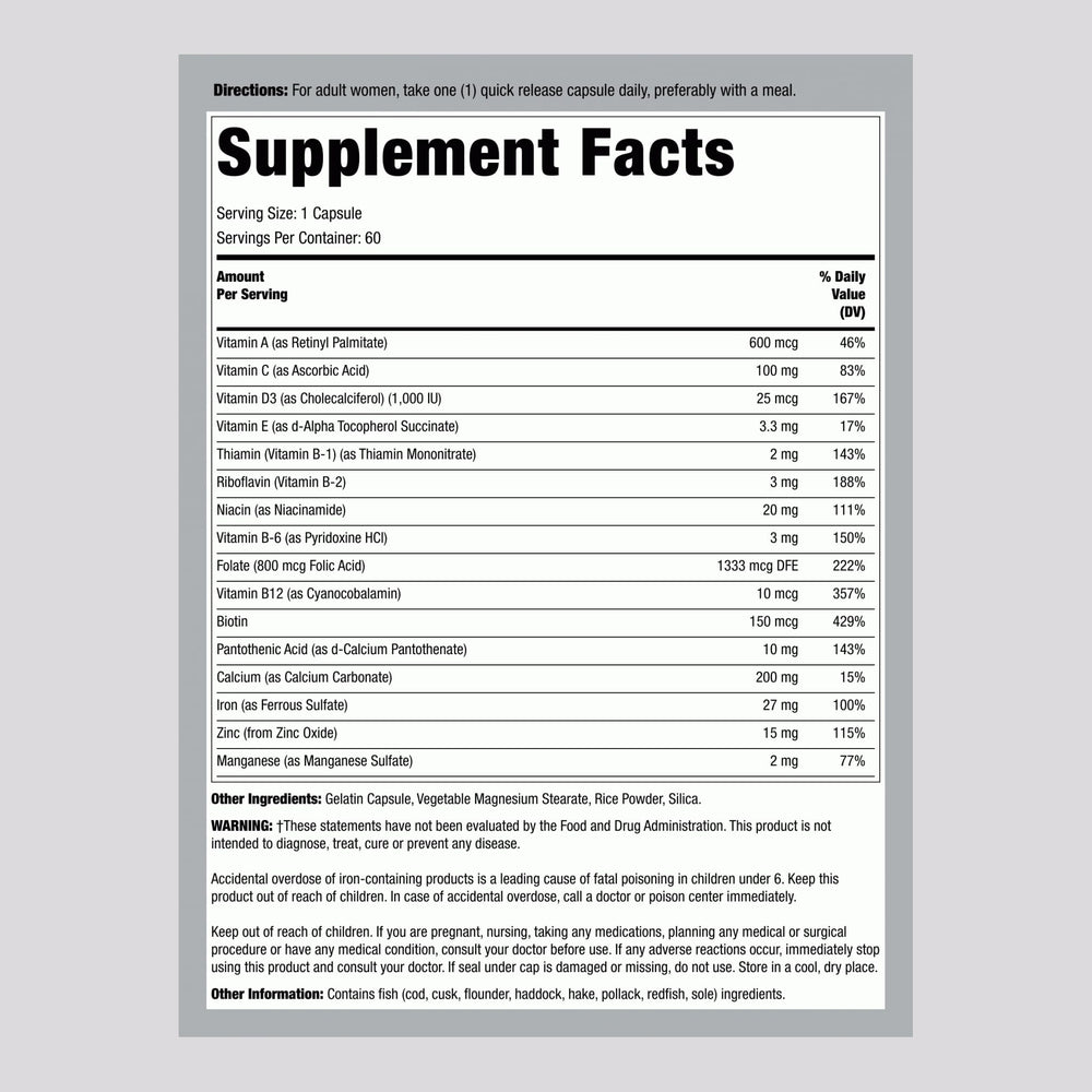 Close-up showing iron and folate on Lindberg prenatal vitamins