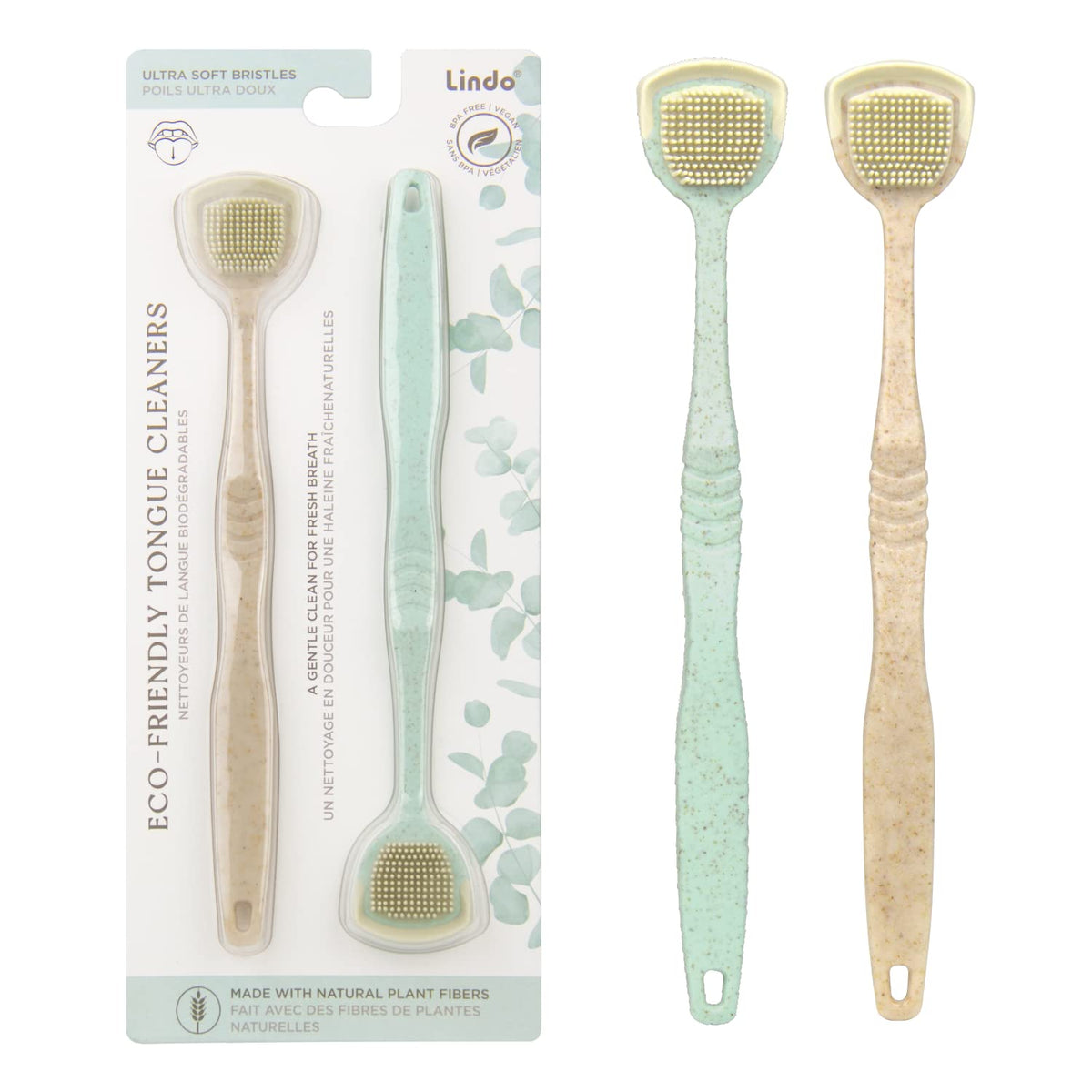 Close-up of Lindo Eco-Friendly Tongue Cleaners showing 100% natural plant fiber material