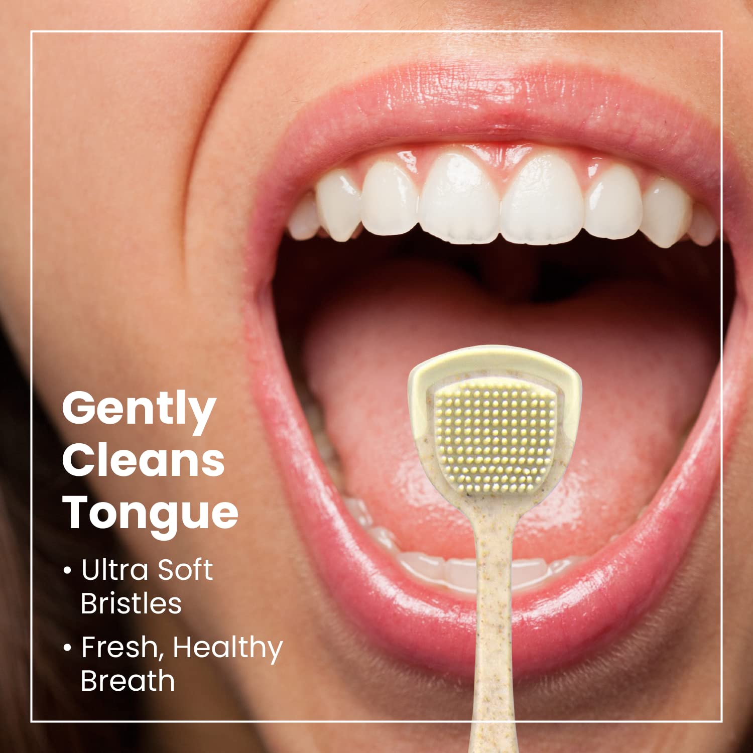Tongue cleaner with soft silicone bristles used on the tongue