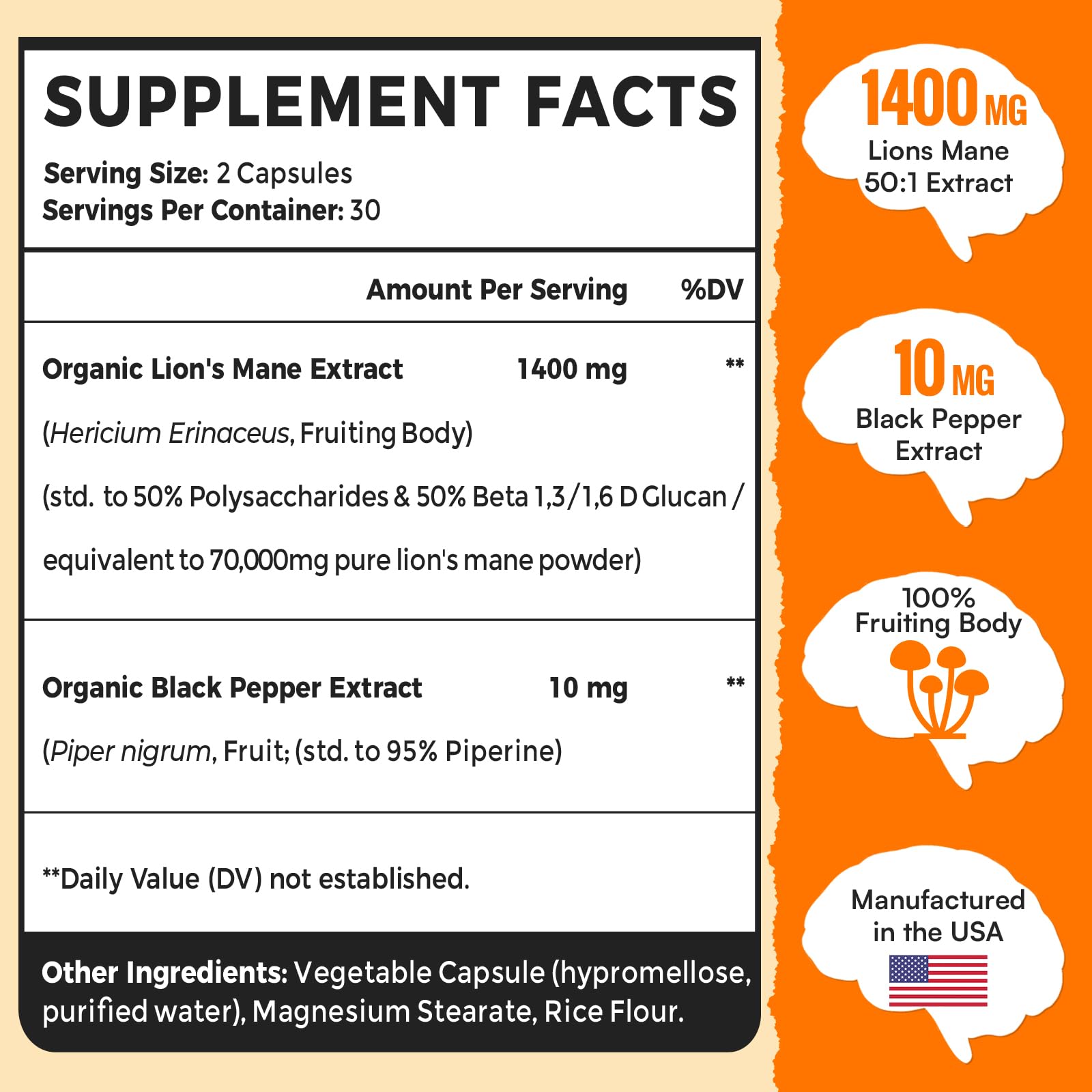 US-made Lions Mane supplement bottle - gluten-free vegan