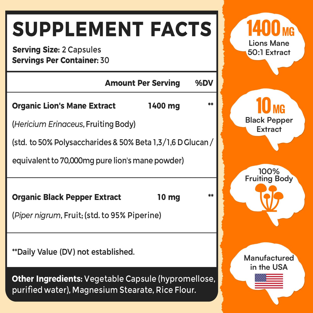 US-made Lions Mane supplement bottle - gluten-free vegan