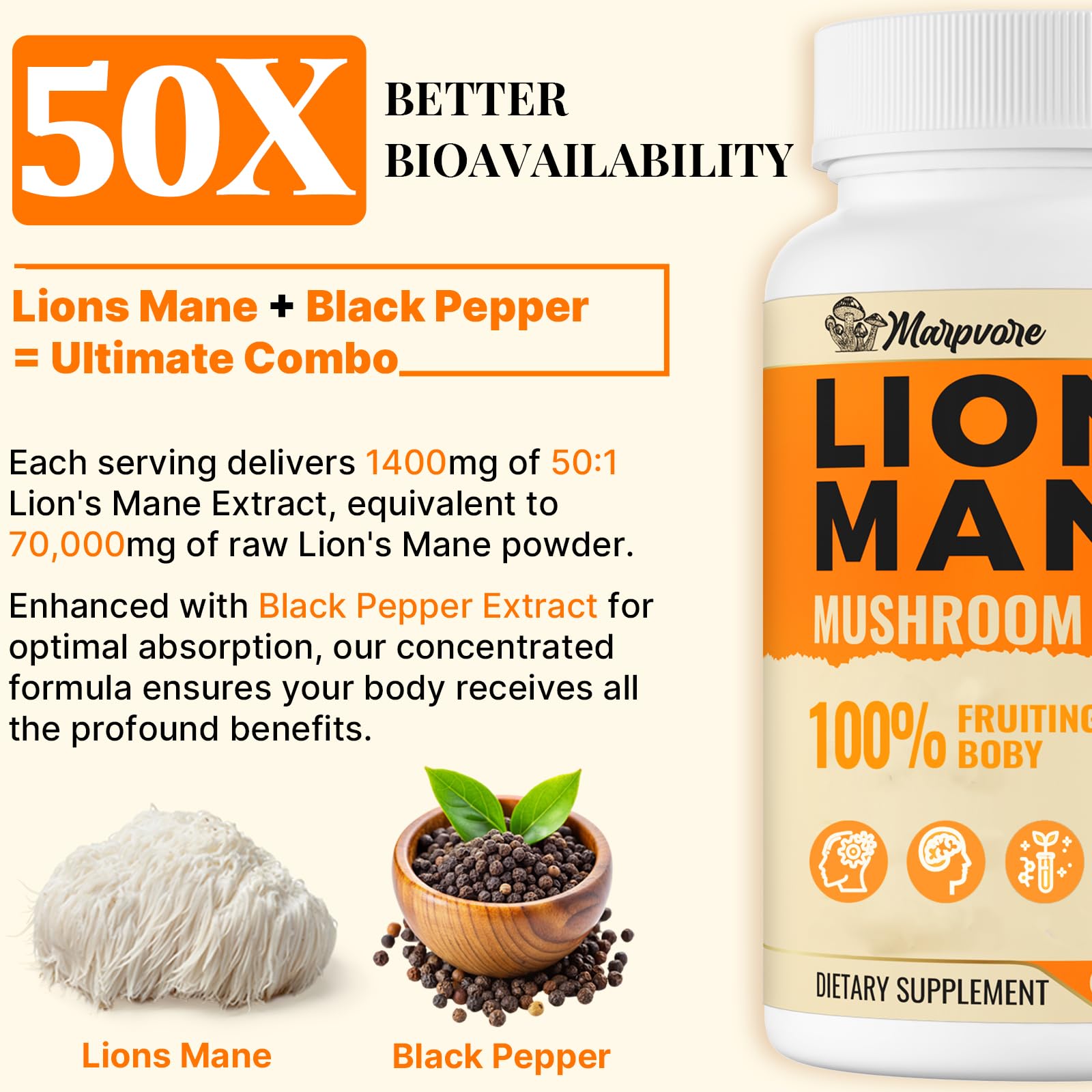 60-capsule bottle of Lion's Mane brain supplement