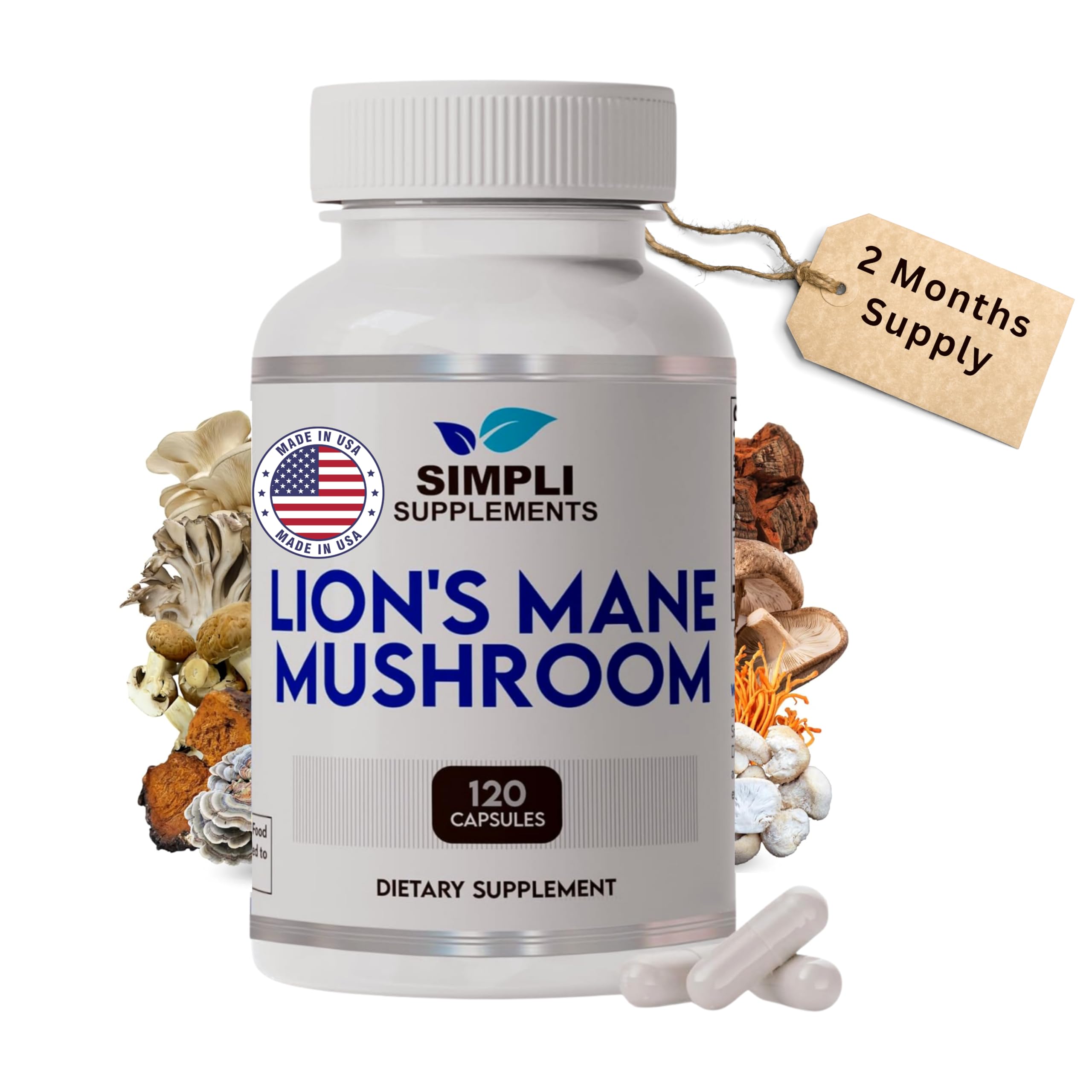 Front view of Lion's Mane capsules bottle