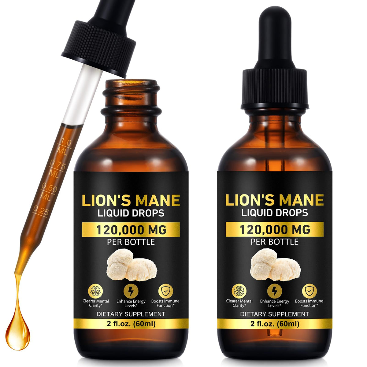 Two Lion's Mane Drops bottles (2-pack) in 4 oz size front view
