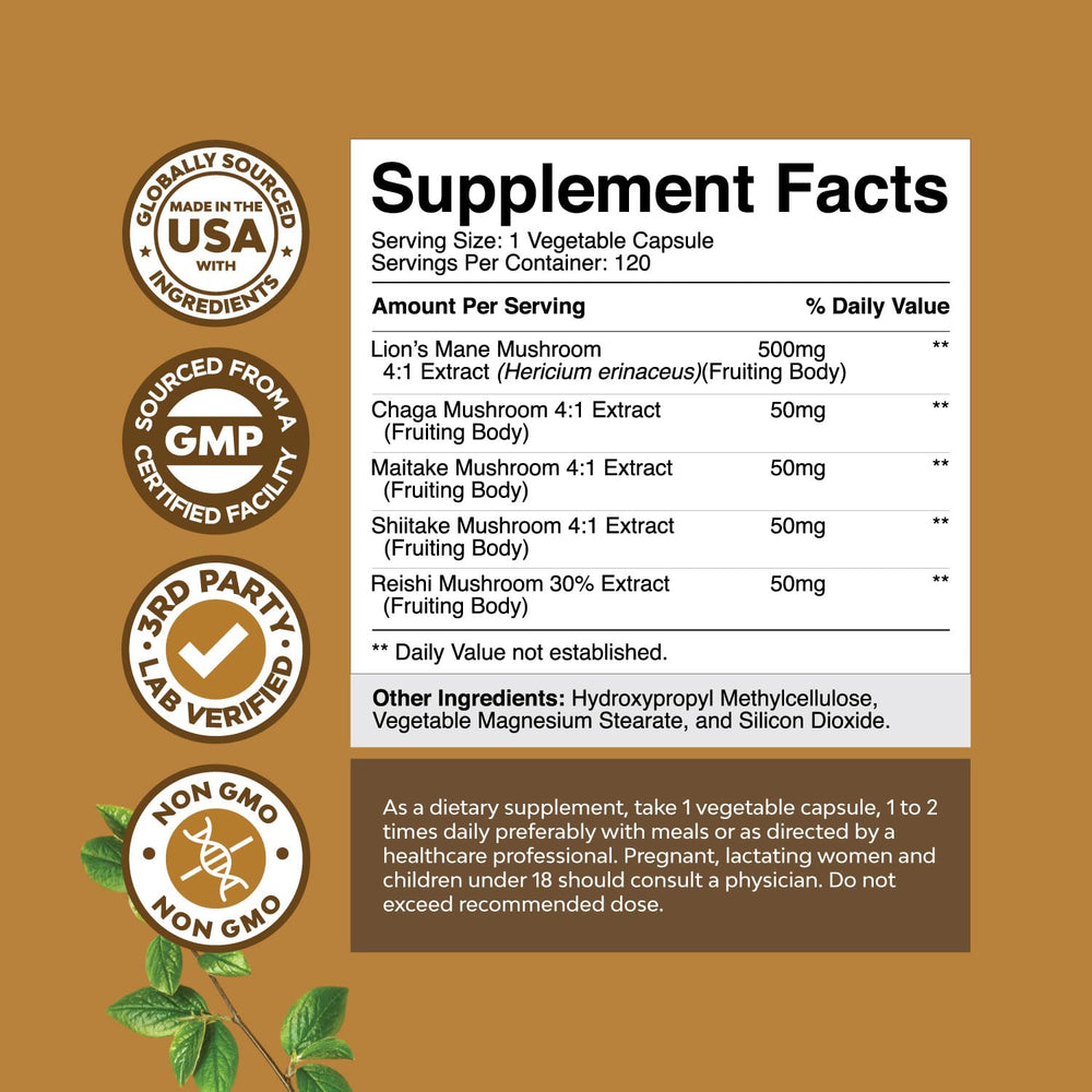Lion's Mane mushroom capsules for brain health and memory support