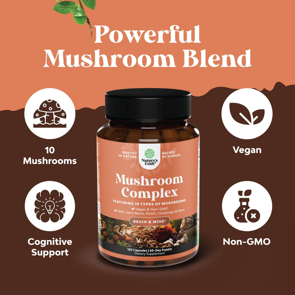 Lion's Mane and Reishi mushroom capsules in bottle